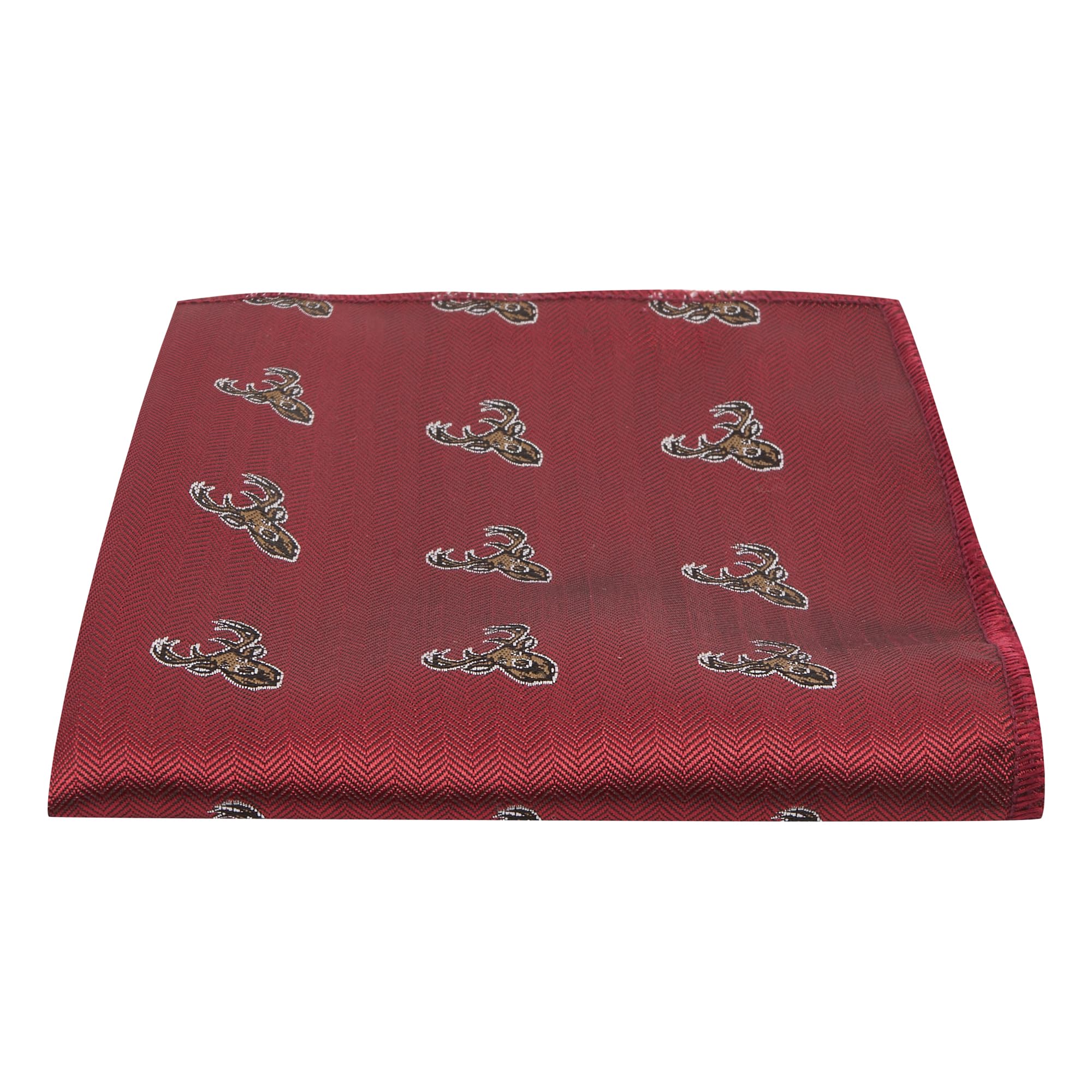 Burgundy Red Herringbone Embroidered Stag Head Pocket Square, Handkerchief
