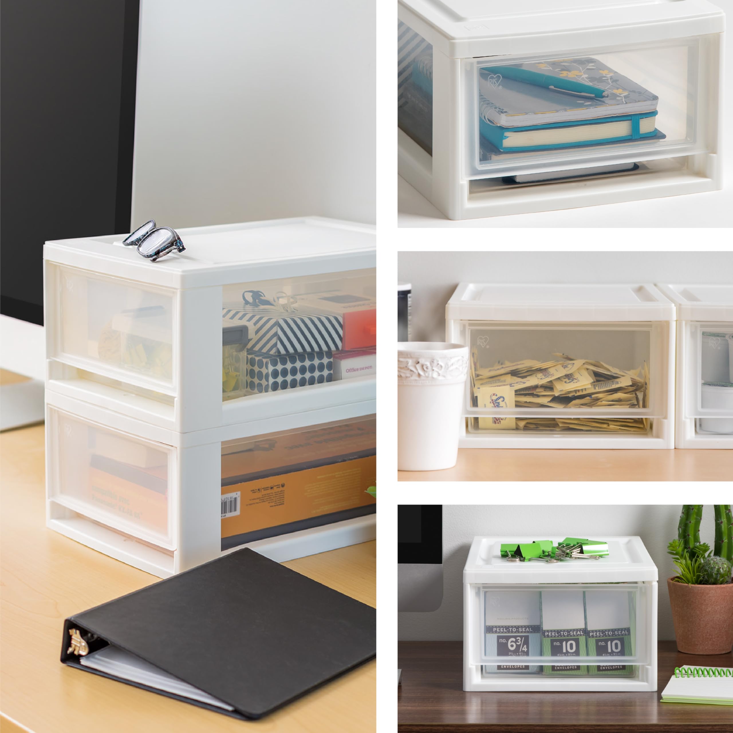 Iris Ohyama, Przezroczysty plastikowy drawer, możliwość układania w stos, biały, 7 l, zestaw 3 sztuk, wielofunkcyjny, widoczna zawartość, do łazienki, zabawek, biura, klatki piersiowej, organizera,
