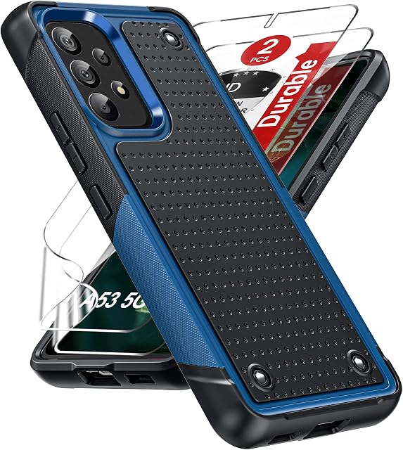 LeYi for Samsung Galaxy A53 5G Case: Samsung A53 5G Case with 2 Packs HD Screen Protectors Dual Layer Shockproof, Heavy Duty Hard PC Textured Non Slip Case for Galaxy A53, Black + Blue