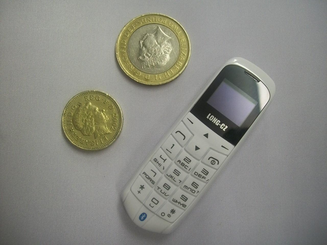WORLDS SMALLEST THINNEST 3 IN 1 SONICA LONG-CZ J8 WHITE, Mini 99.9% PLASTIC BOSS Phone UNLOCKED with Hands Free Bluetooth Dialer + Bluetooth Headphone Function, FM Radio, Micro SIM Card, WCDMA & GSM 18 GRAMS PLASTIC BEAT SPY