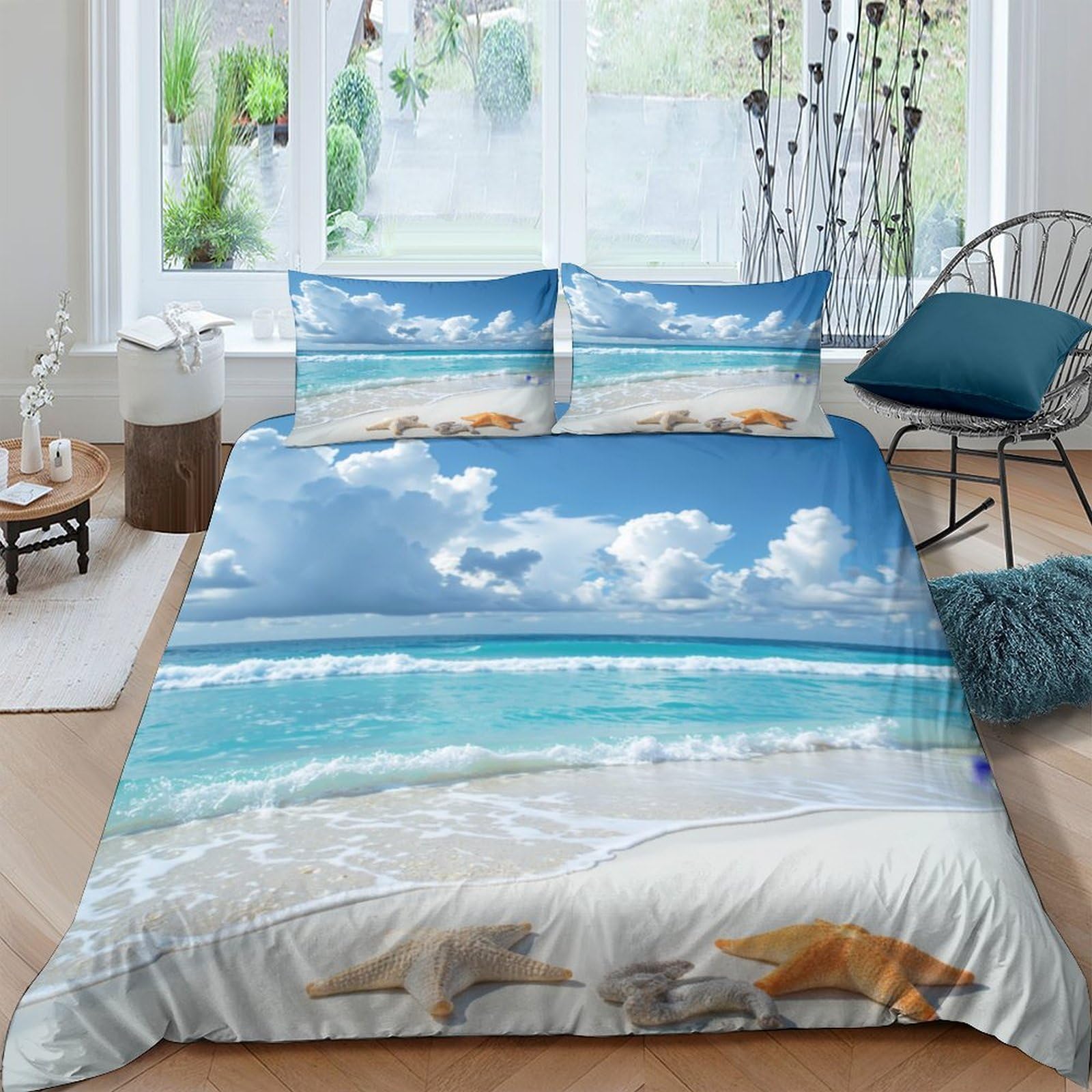 Ctjqhvkz Style-1 3D Printed Ocean Beach Fitted Sheet Microfiber Soft Breathable Sky Clouds Mattress Cover Bedroom Decor Single（135X200cm）