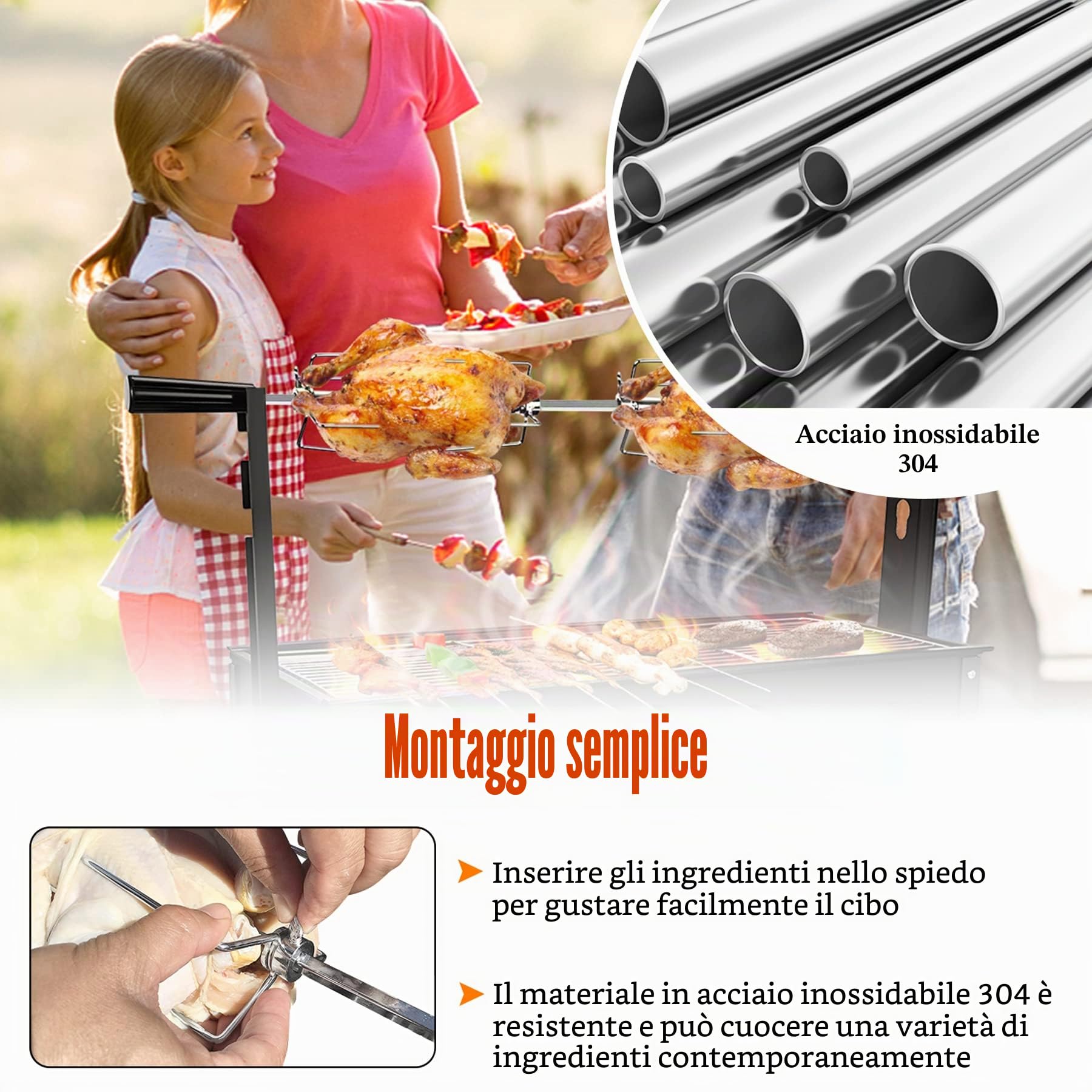 Froadp Spiedini per barbecue in acciaio inox, 117 cm, con motore, 220-240 V, 8 x 8 mm, in acciaio inox, set con 4 aghi per carne, spiedo girevole, accessorio per barbecue a gas, barbecue a carbonella