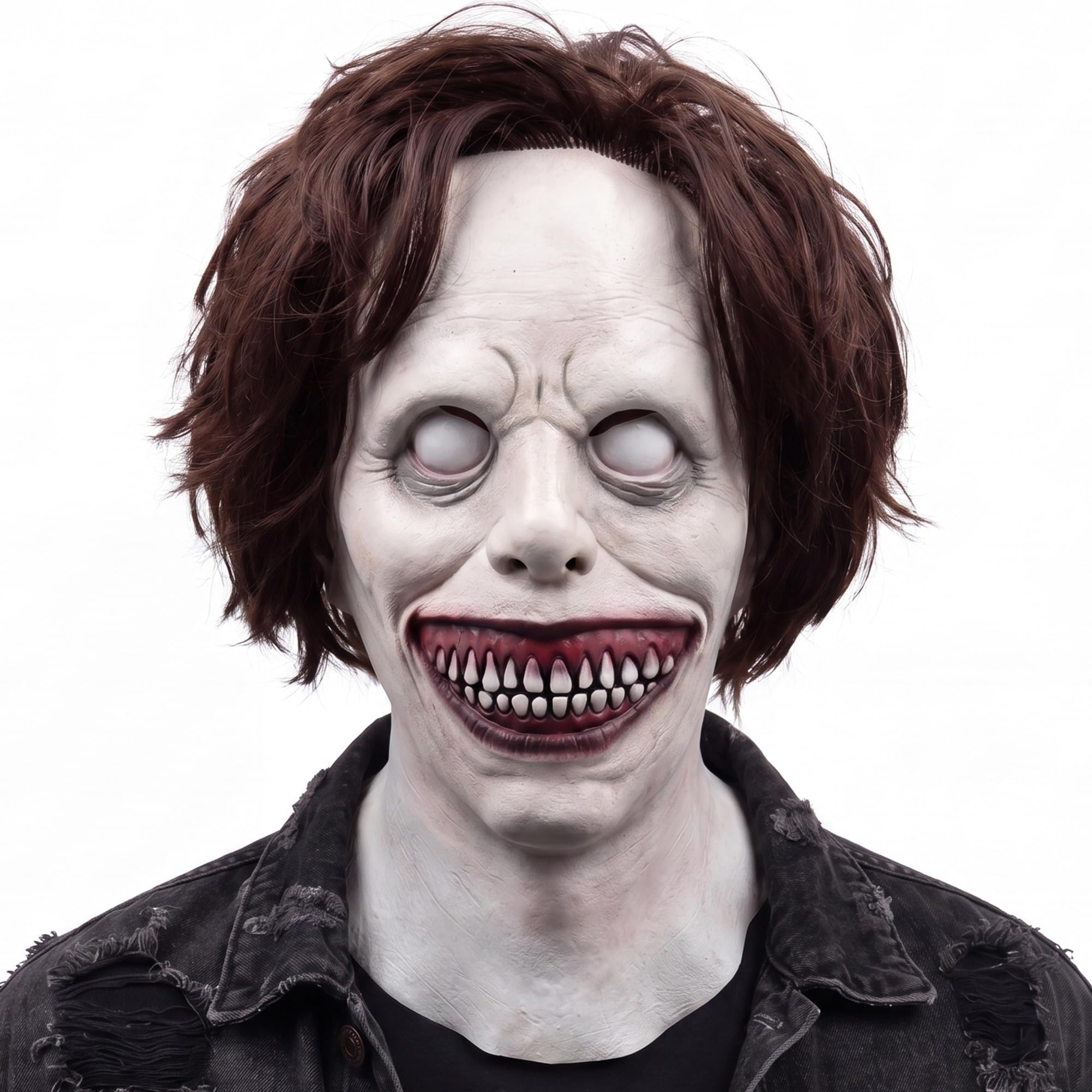 shayulajiao Scary White Demon Smile Mask with Hair Realistic Demon Head Mask for Adult Halloween Latex Horror Costume Accessory Prop