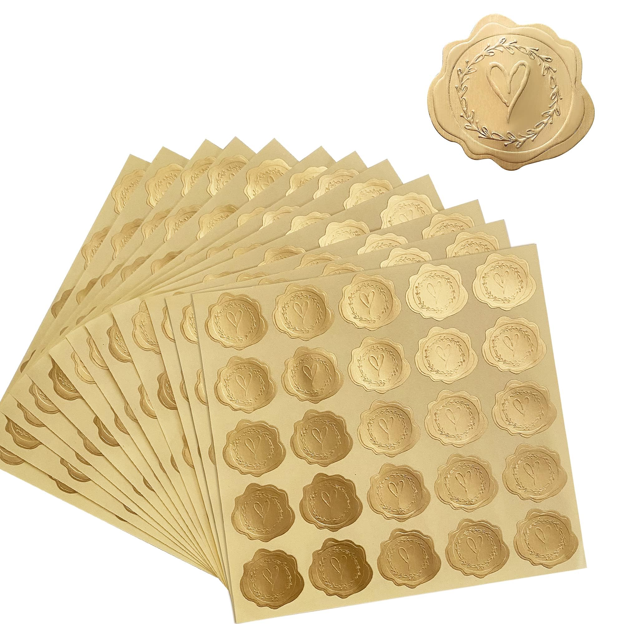 Dzxin Heart Envelope Seal Stickers, 250 Pieces Gold Embossed Envelope Seals Stickers Adhesive Seal Stickers Vintage Embossed Labels For Wedding Invitations Envelopes (Heart)