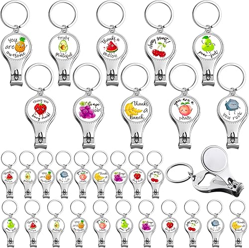 Roshtia 30 piezas de cortaúñas de frutas, abrebotellas, llaveros, lindo cortador de uñas de acero inoxidable con citas motivacionales, kit de