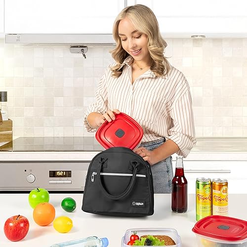 Miniatura 4 de OPUX - Lonchera con aislamiento, bolsas de almuerzo para mujeres, niñas, adolescentes, lindas bolsas de almuerzo térmicas reutilizables negras para