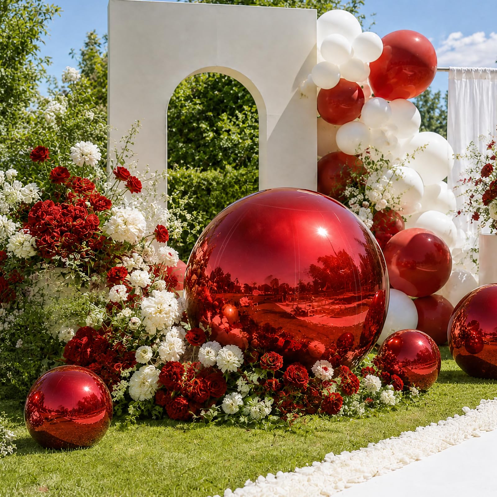 Rouge Boule Miroir Gonflable 50 CM avec Pompe Gonflable Grandes boules brillantes Décorations de Noël