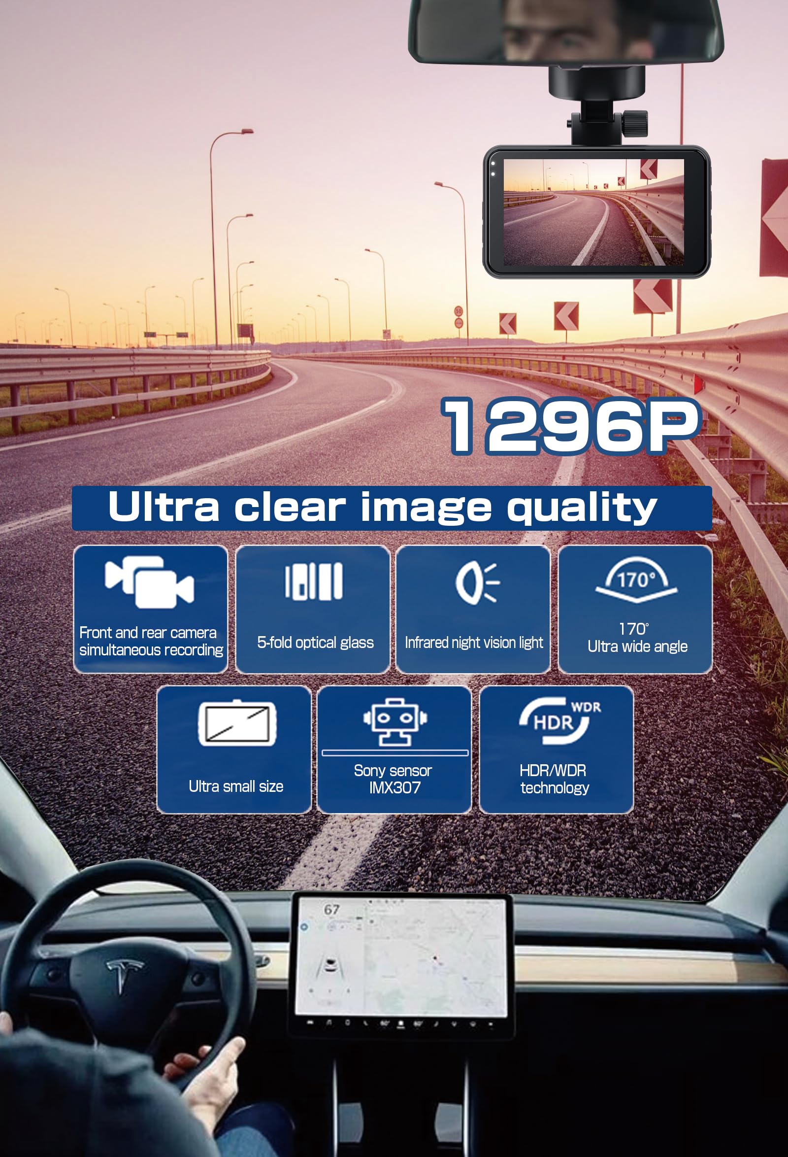 Dash Cam Front and Rear, Front and Rear car Cameras, 170 Wide-Angle, with a 3.0 