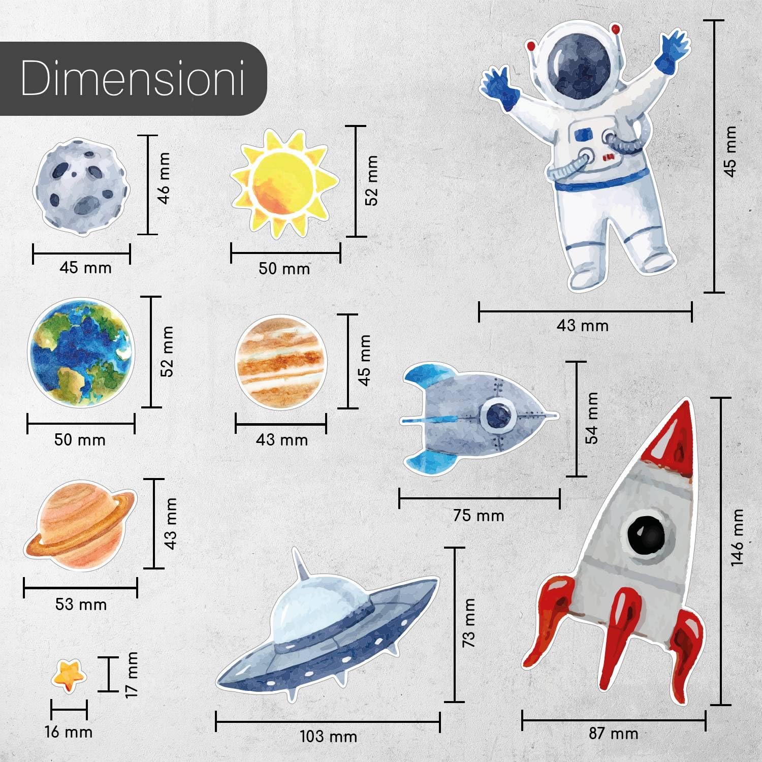 VARACL 50 adesivi spaziali per bambini, adesivi per pianeti dello spazio esterno, decorazioni per feste a tema sistema solare, astronomia, astronauta, adesivi in vinile impermeabili per bottiglie