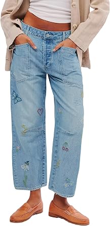LifeShe Womens Embroidered Barrel Jeans Low Rise Wide Leg Denim Pants Stretchy Baggy Boyfriend Trousers