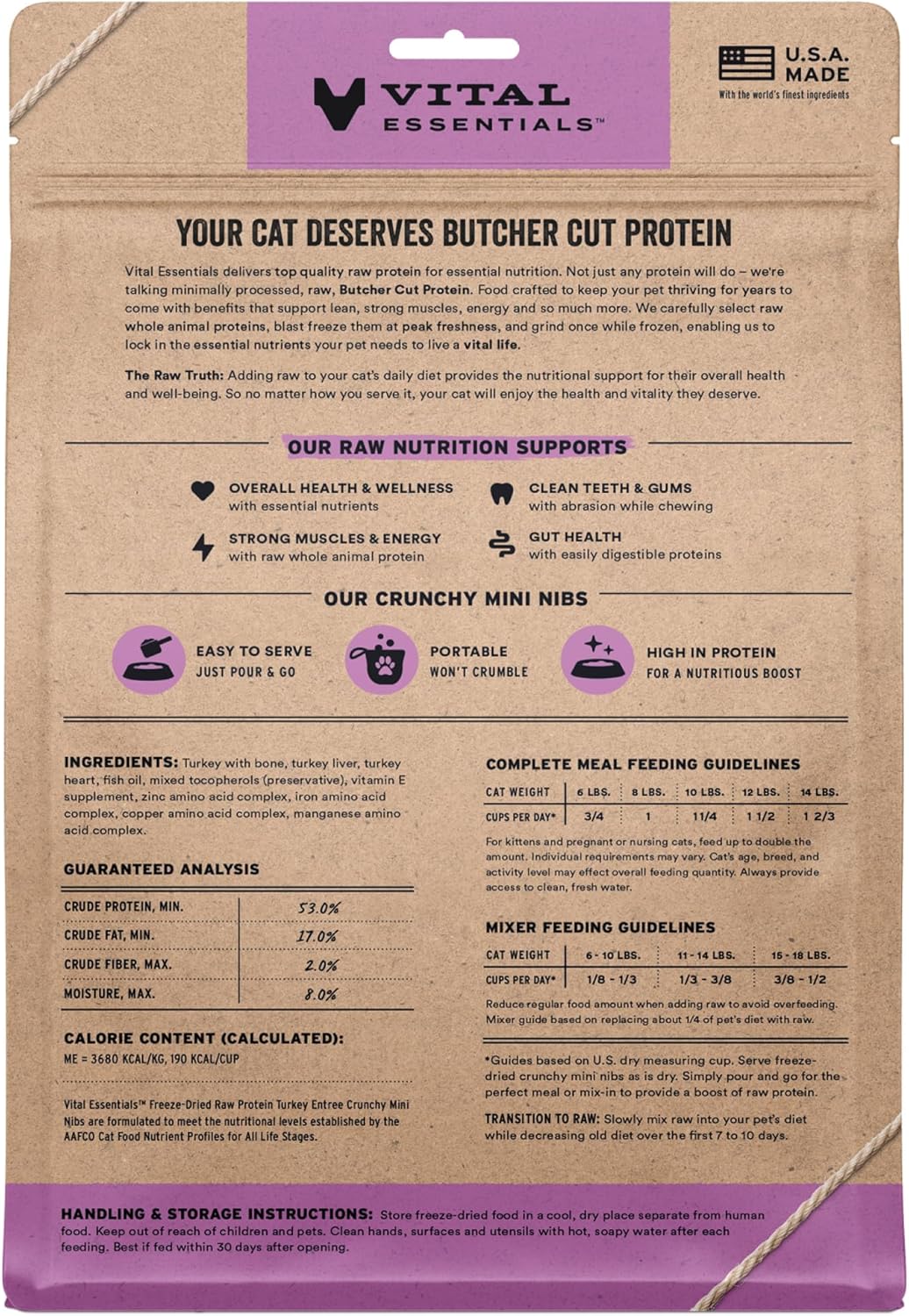 Vital Essentials Freeze Dried Cat Food, Raw Turkey Crunchy Mini Nibs | Complete Meal or Topper | 96% Turkey, Organs & Bone | Limited Ingredient, High Protein, Grain Free Dry Cat Food | 12 oz Bag