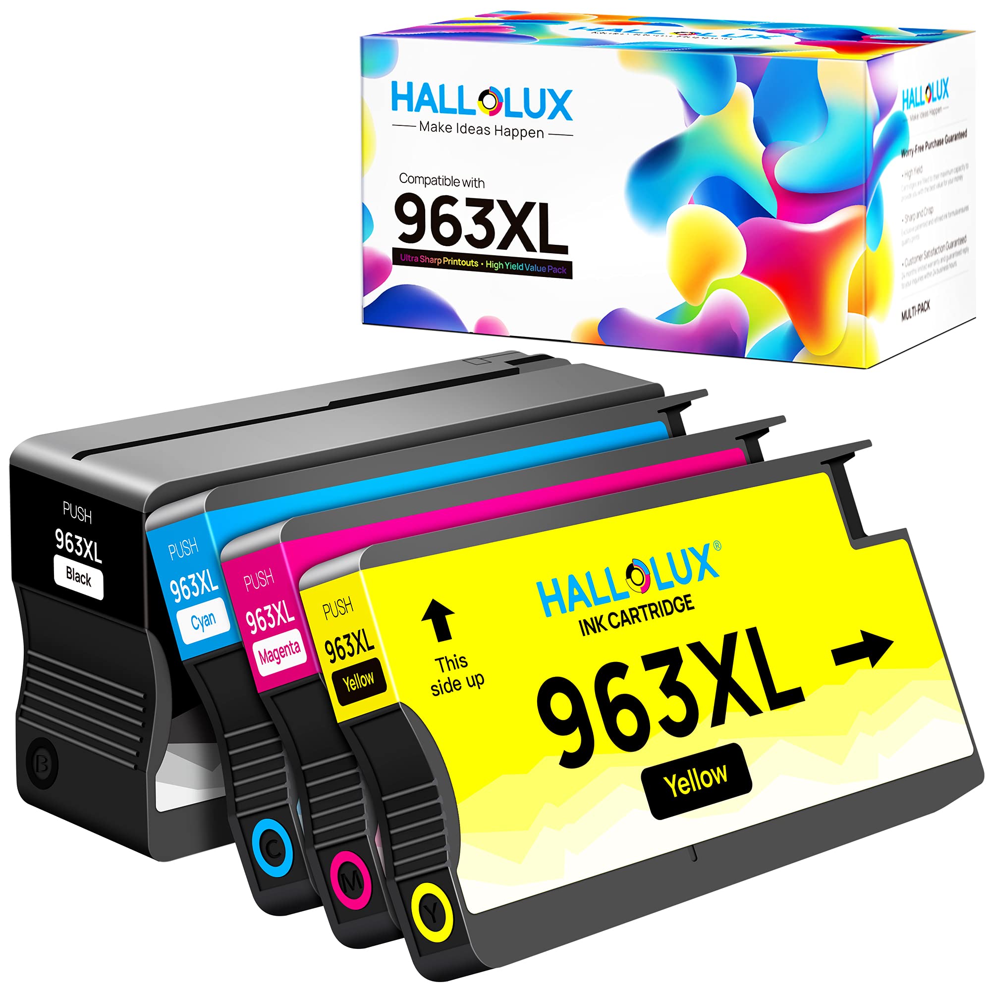 HALLOLUX High Yield 963XL Remanufactured Ink Cartridges Replacement for HP 963XL 963 for OfficeJet Pro 9010 9012 9014 9015 9016 9019 9020 9022 9025 Printer(1 Black 1 Cyan 1 Magenta 1 Yellow, 4-Pack)