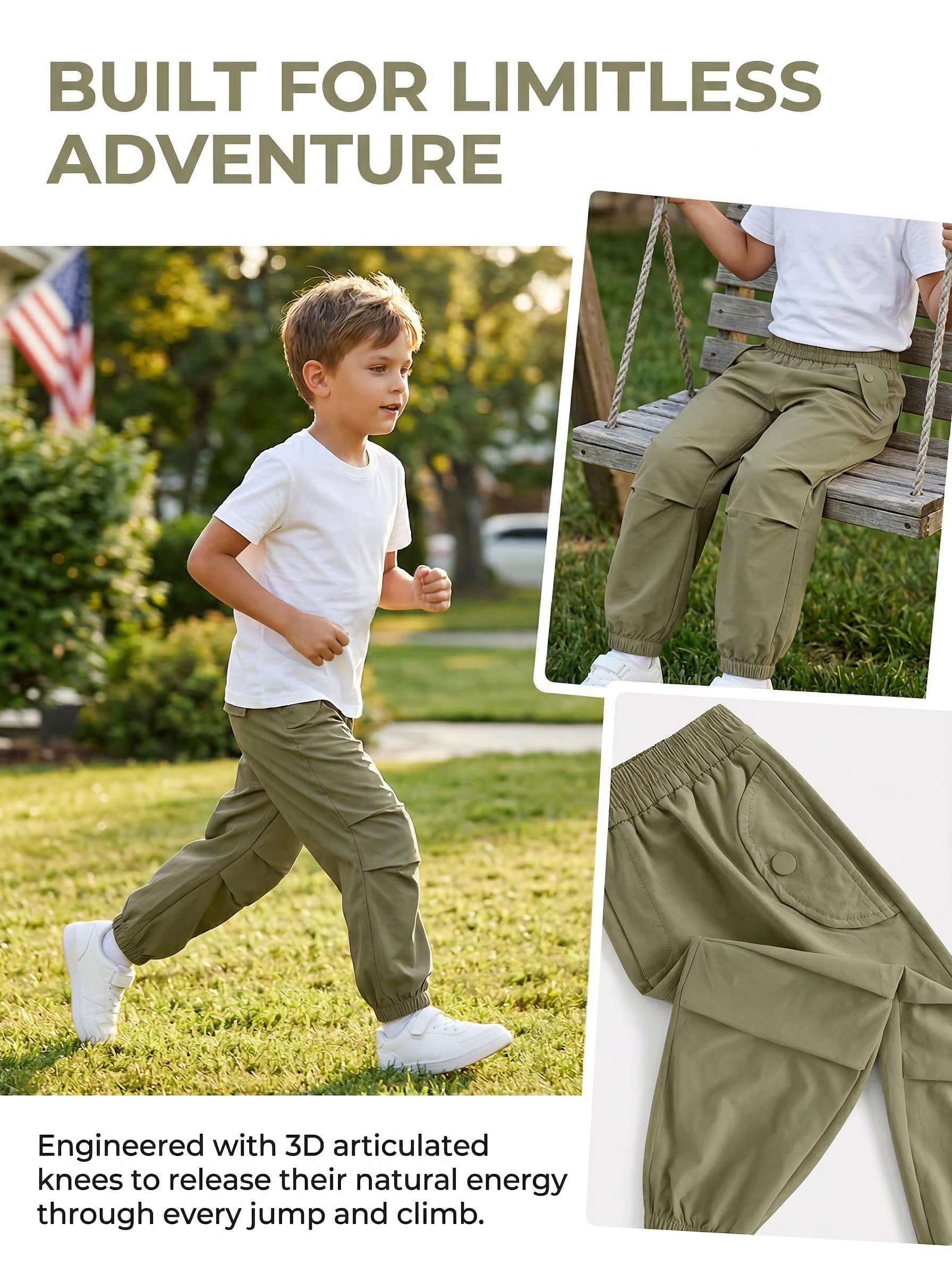JiAmy Pantalones cargo unisex para niños, transpirables, elásticos, pantalones de paracaídas, ajustados, para niños y niñas, pantalones deportivos al aire libre con bolsillos para 5-14 años