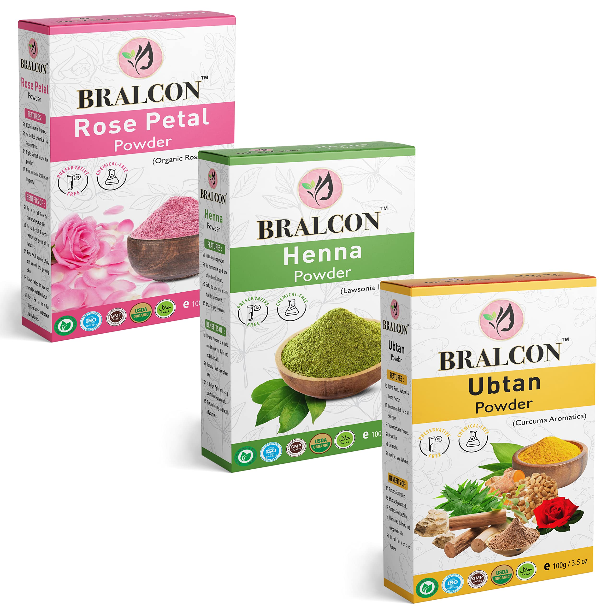 BRALCON Organic Rose Petal Powder, Henna powder, Ubtan Powder Combo-300g(100g x 3 Pack)|Rose Powder, Ubtan Powder for Bridal, Face Pack, Skin Whitening|Glowing Skin|Henna Powder for Hair growth