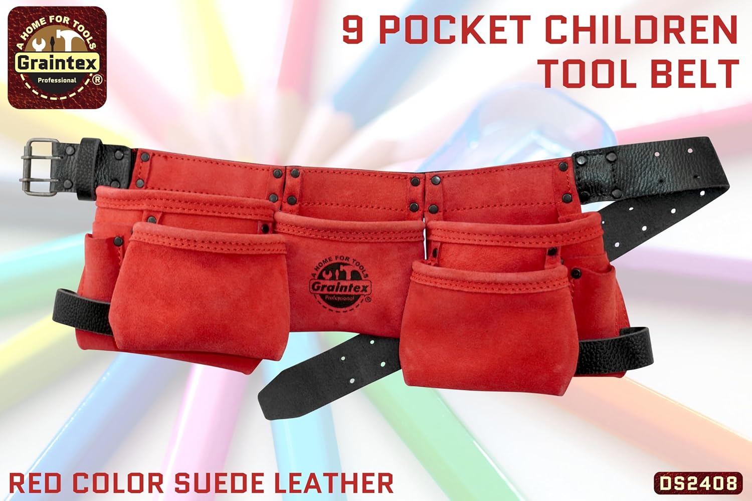 Graintex DS2243 :: 9 Pocket Children Tool Belt Beige Color Suede Leather, Kids Real Tool Belt, Boys and Girls Tool Apron for Home Improvement, 1.1/2" Leather Belt, Hammer Loops