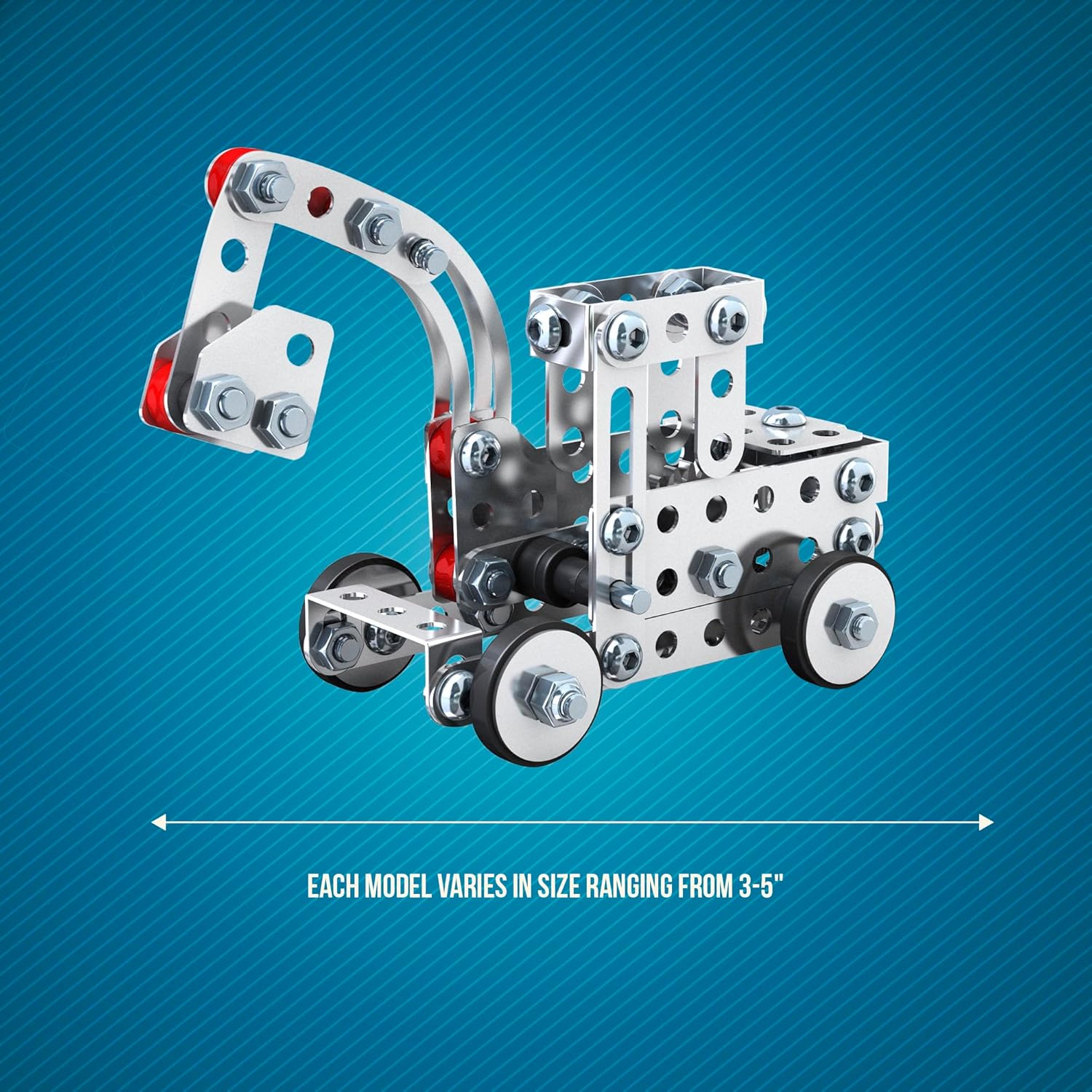Assembled backhoe model from the Steel Works set, with an arrow indicating its size range of 3-5 inches.