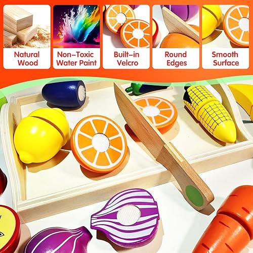 Miniatura 8 de 2025 Nuevo alimento de madera actualizado para niños pequeños, juego de corte de frutas y verduras de velcro para niños, juguetes de aprendizaje