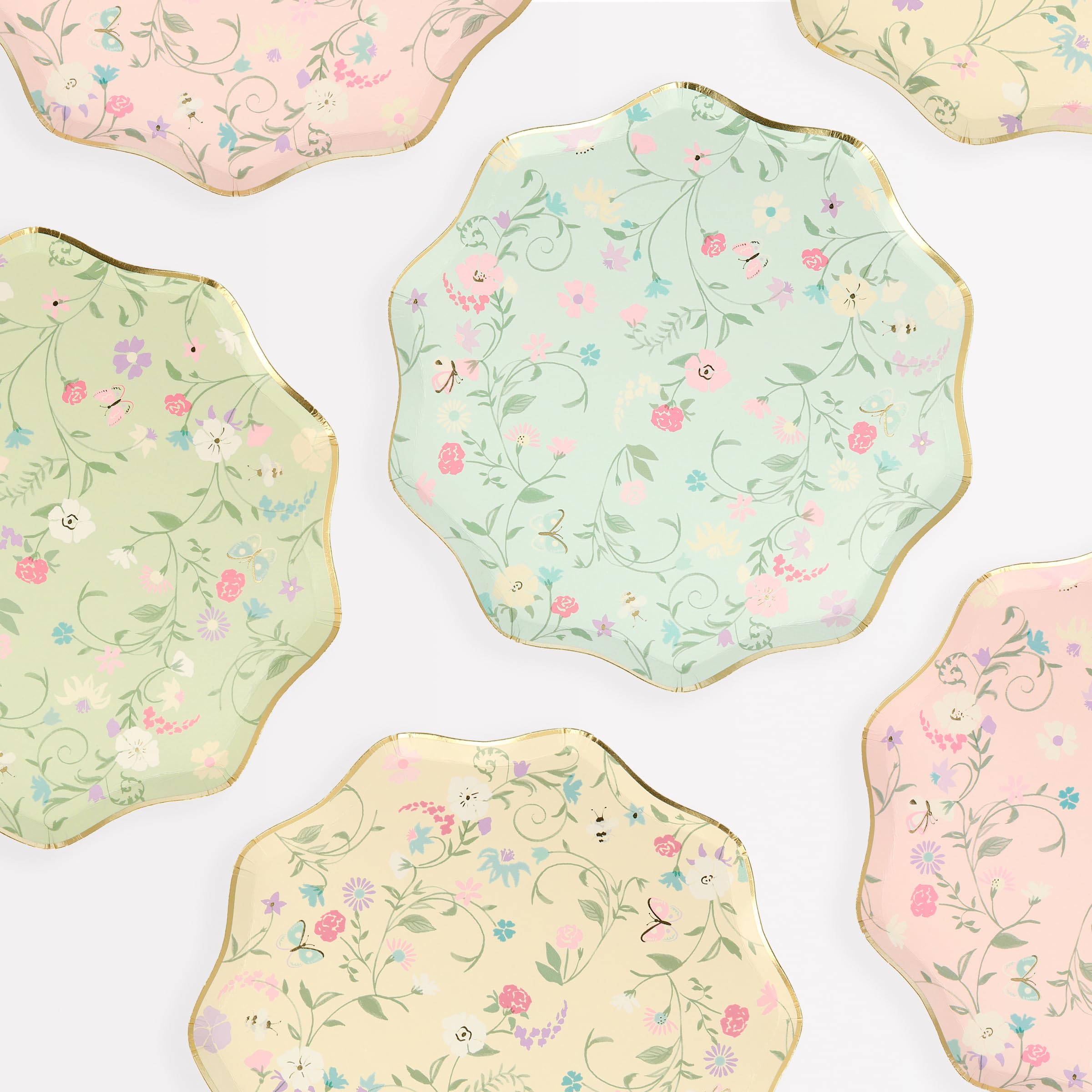 Ladurée Paris Floral Side Plates With Gold Foil Scalloped Edges, Pastel Pink Mint Blue Cream Colors, Pack Of 8, Perfect For Tea Parties And Elegant Gatherings