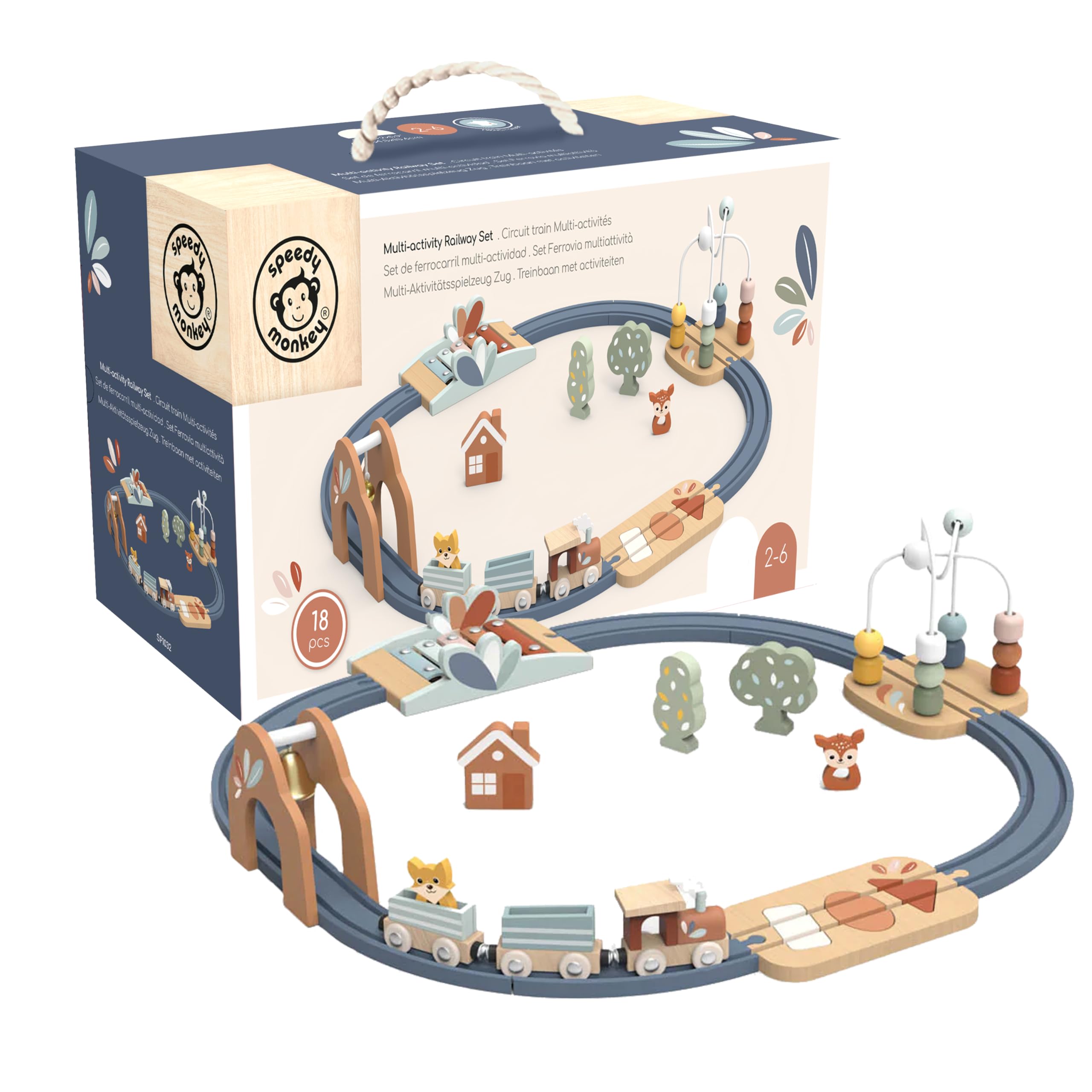 SPEEDY MONKEY Wooden Multi-Activity Railway Set for Toddlers 24m+ | Multicolor Train Track Playset with Gears, Beads & Shape Sorter | Early Learning Activity Vehicle Toy for Kids & Preschool Playrooms — image 1
