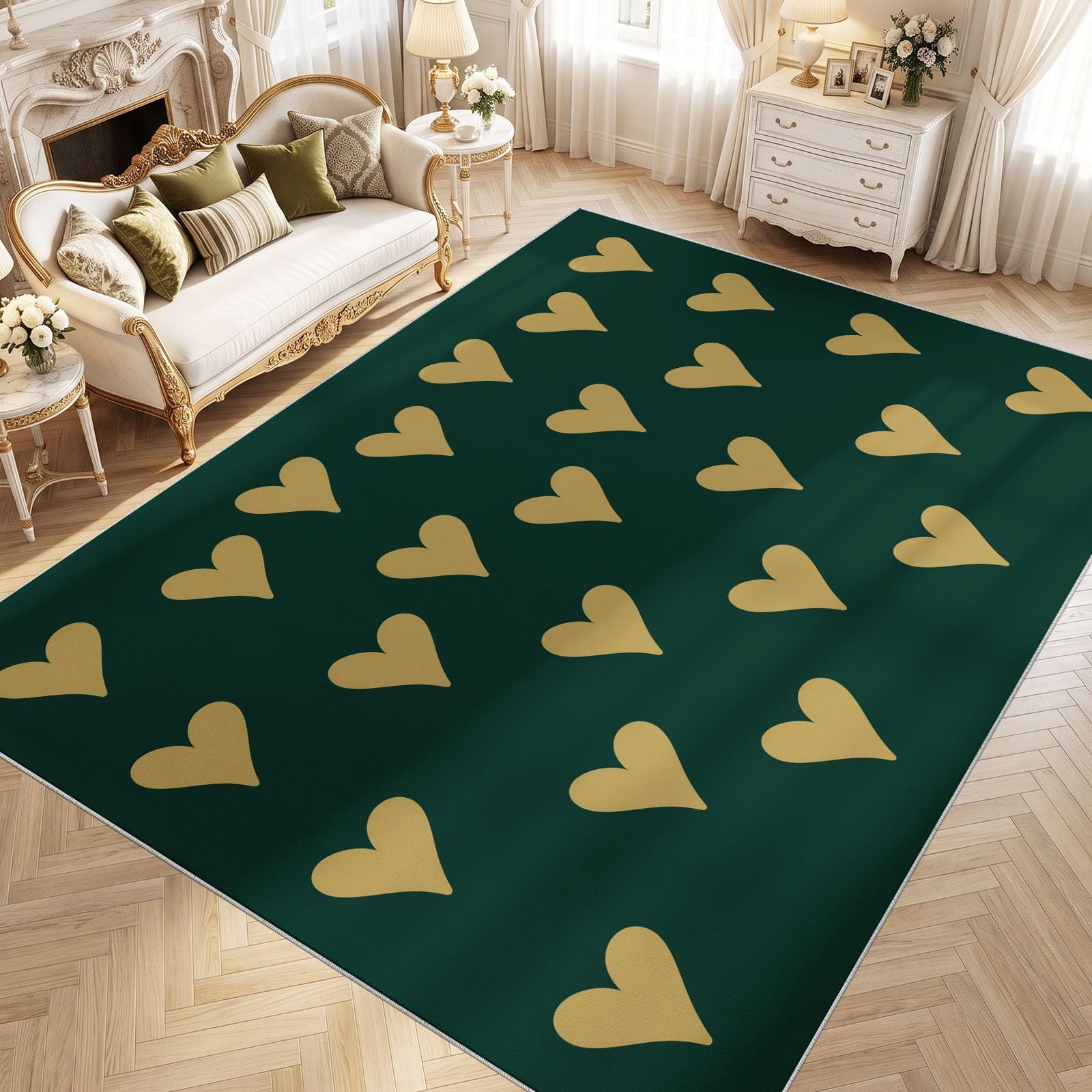 Tappeto geometrico minimalista, elegante griglia a cuore, lavabile, a pelo corto, antiscivolo, per soggiorno, camera da letto, cucina, sala da pranzo, 80 x 120 cm, verde