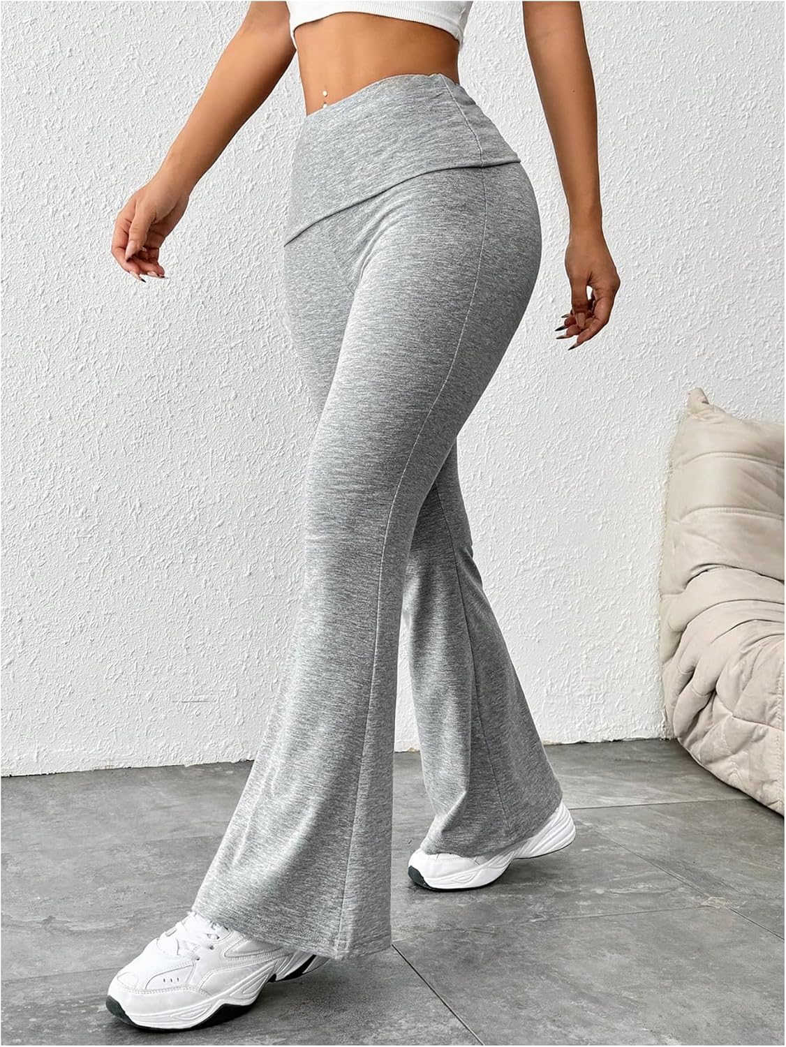 Women's Flare Pants Fold Over High Waisted Stretchy Yoga Gym Leggings Bell Bottoms - Image 3