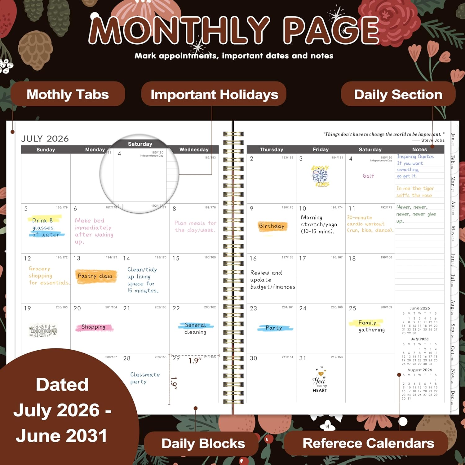 2026-2031 Monthly Planner - 5 Year Planner/Calendar, 5 Year Calendar 2026-2031 Monthly Planners with Tabs, Jul. 2026 - Jun. 2031, 9" x 11", Twin-Wire Binding, Double-Side Pocket - Pinecone