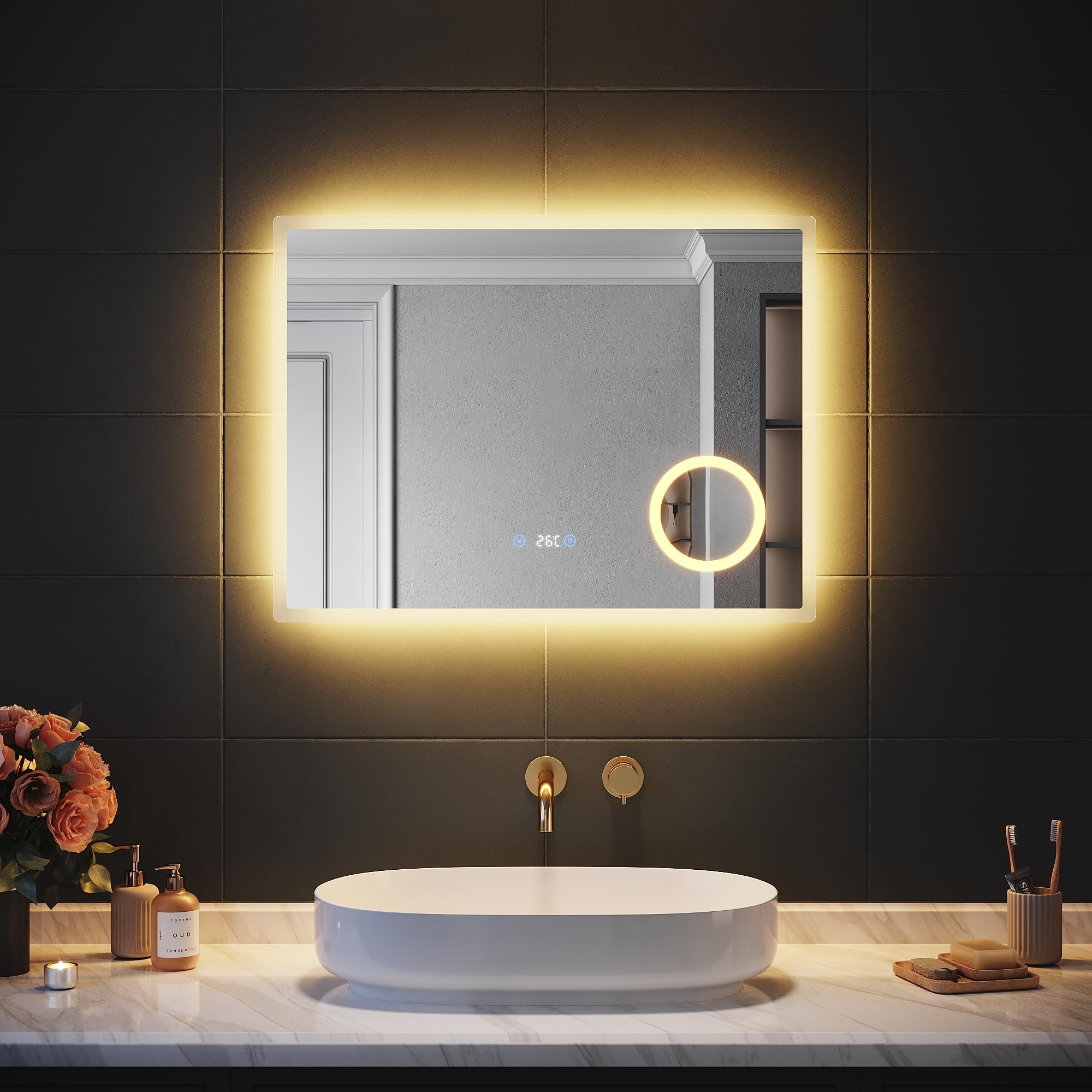 Specchio Bagno Con Luce 100x60cm - Orologio, Temperatura, Lente 3X, Antiappannamento, Vetro Antideflagrante - Foto 7