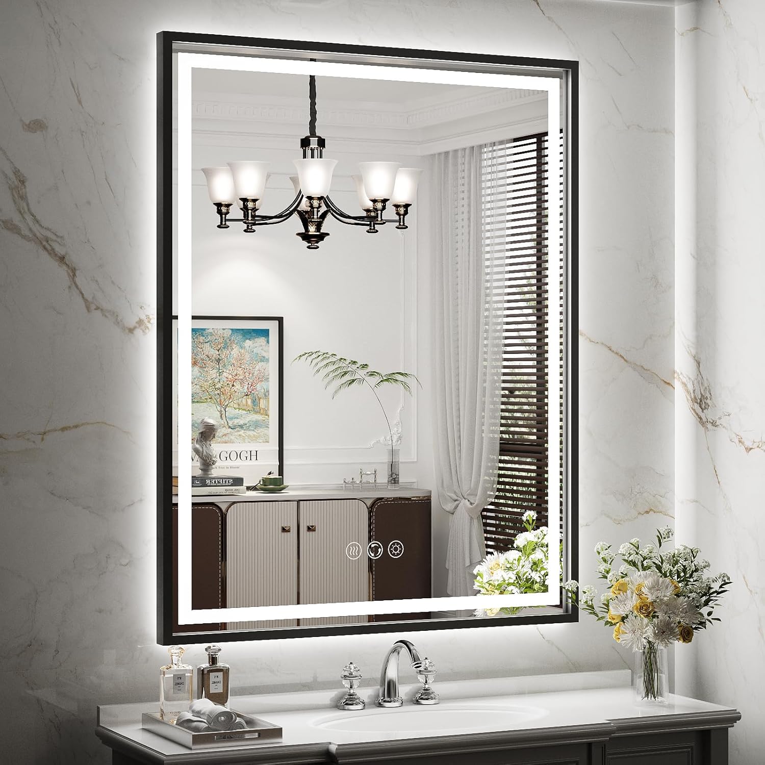 28X36 Inch Framed LED Lighted Bathroom Mirror,Backlit and Front Wall Mounted Black Metal Vanity Mirrors with Lights,Double LED Dimmable Illuminated & 3 Colors Temperature Anti-Fog Mirror
