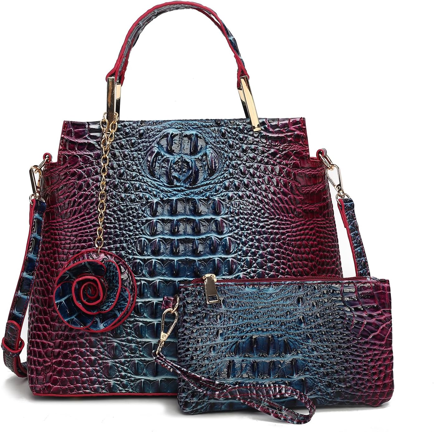 Gradient Tote Bag for Women with Wallet, 2-Piece Crocodile Purse Set, Large Structured Shoulder Bag for Work