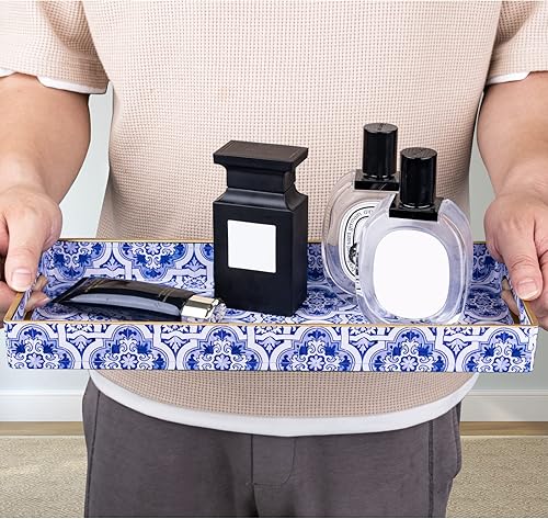 Miniatura 5 de MAONAME Bandeja decorativa azul, bandeja de plástico con asas, bandejas marroquíes rectangulares, bandejas largas y estrechas para baño, encimera de