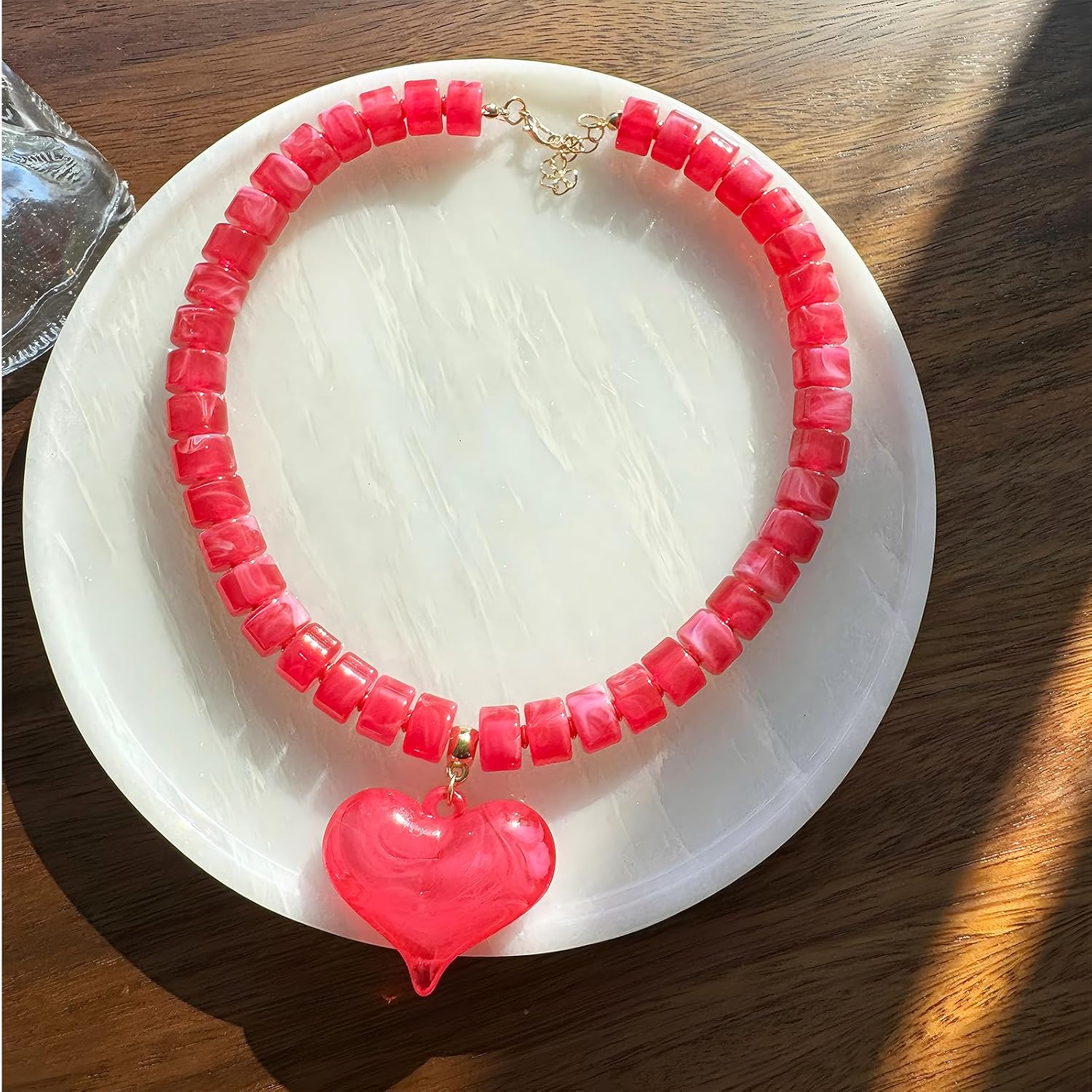 We We Chunky Beaded Necklace for Women Big Heart Bead Necklaces Large Statement Beads Choker Neck Costume Jewelry Summer