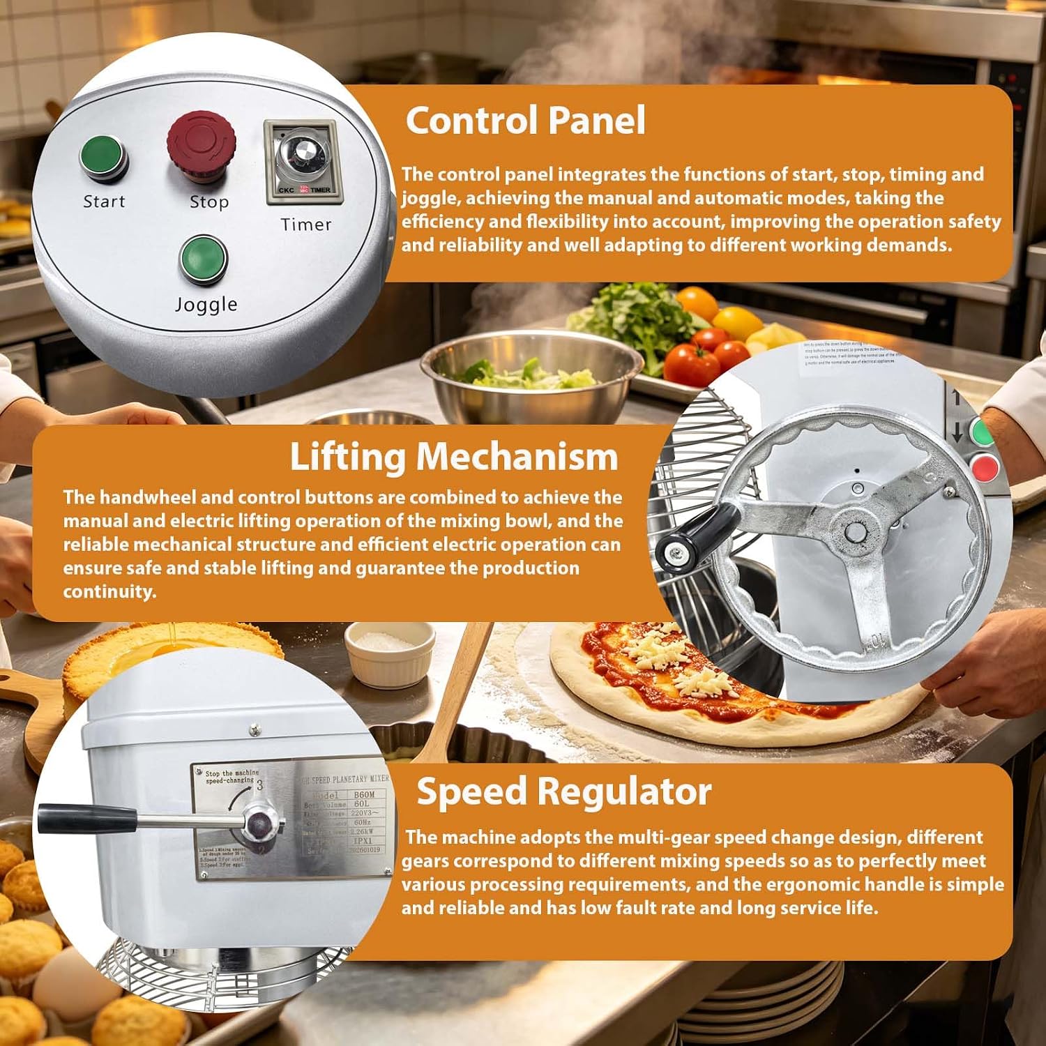 Commercial 60QT Stand Food Mixer with Trolley, 220V 3-Phase Industrial Multifunctional Mixing Machine for Bakery, 3 Adjustable Speed Dough Mixer with Stainless Steel Bowl, Hook, Beater & Whip