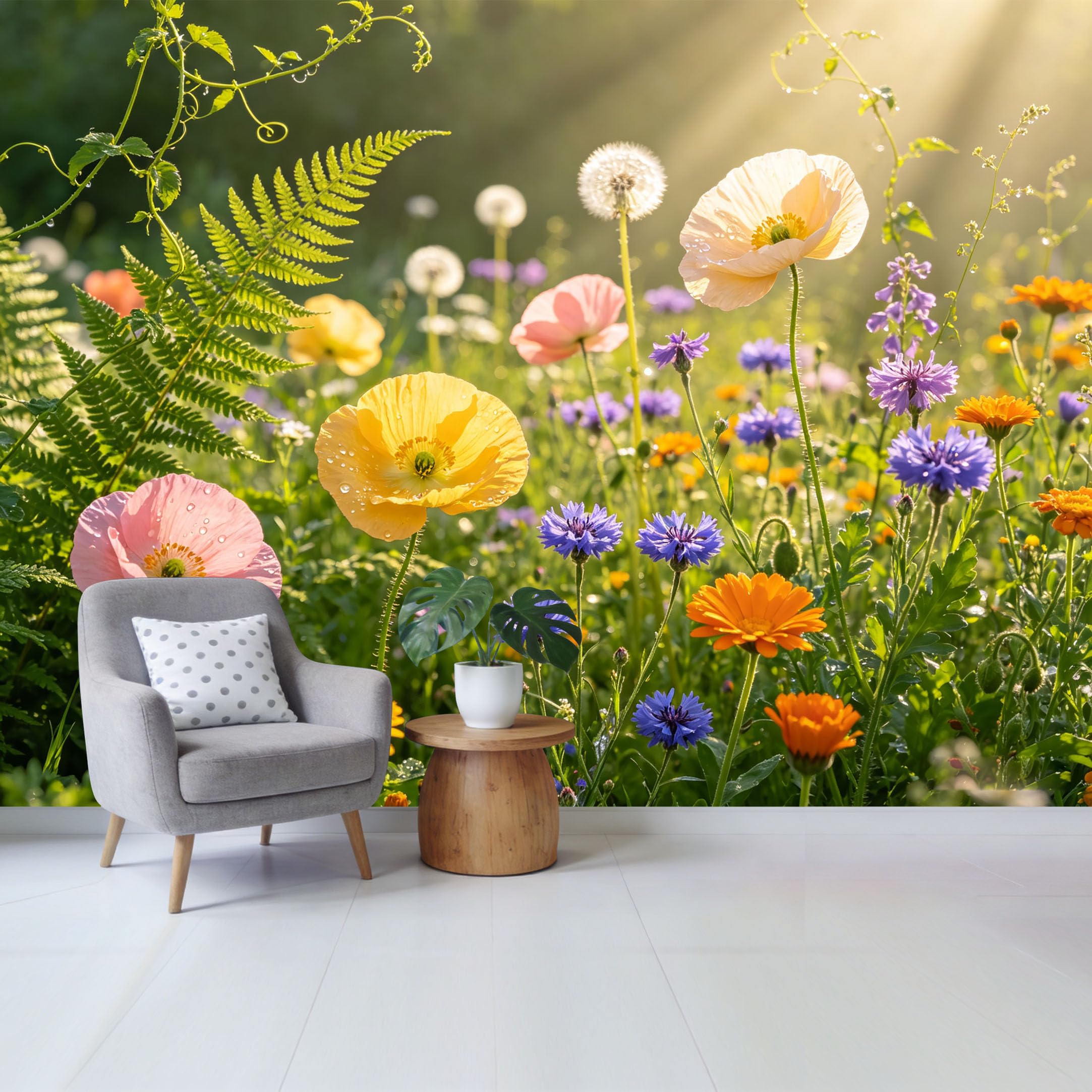 Qzlithotic Yq2605250212 Custom Size Wall Mural Wildflower Meadow Botanical Sunlit Fern Garden Selfadhesive Wall Fabric Removable Wallpaper For Home Office Decor