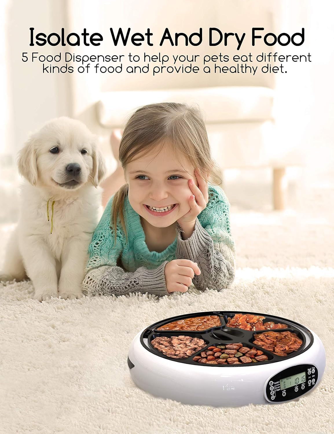 A young girl and a golden retriever puppy looking at the Faroro Automatic Pet Feeder, which is open to reveal five compartments filled with various types of pet food, both wet and dry.