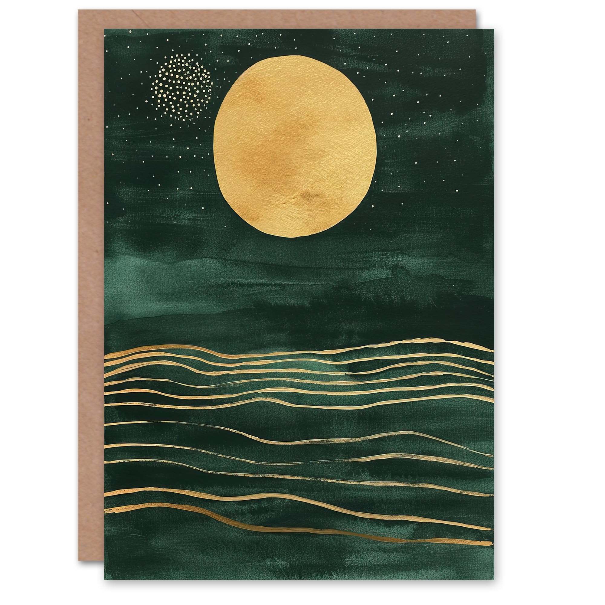 Artery8 Greeting Card Boho Abstract Full Moon Dark Green Gold Seascape Blank For Him Or Her Art Birthday Card