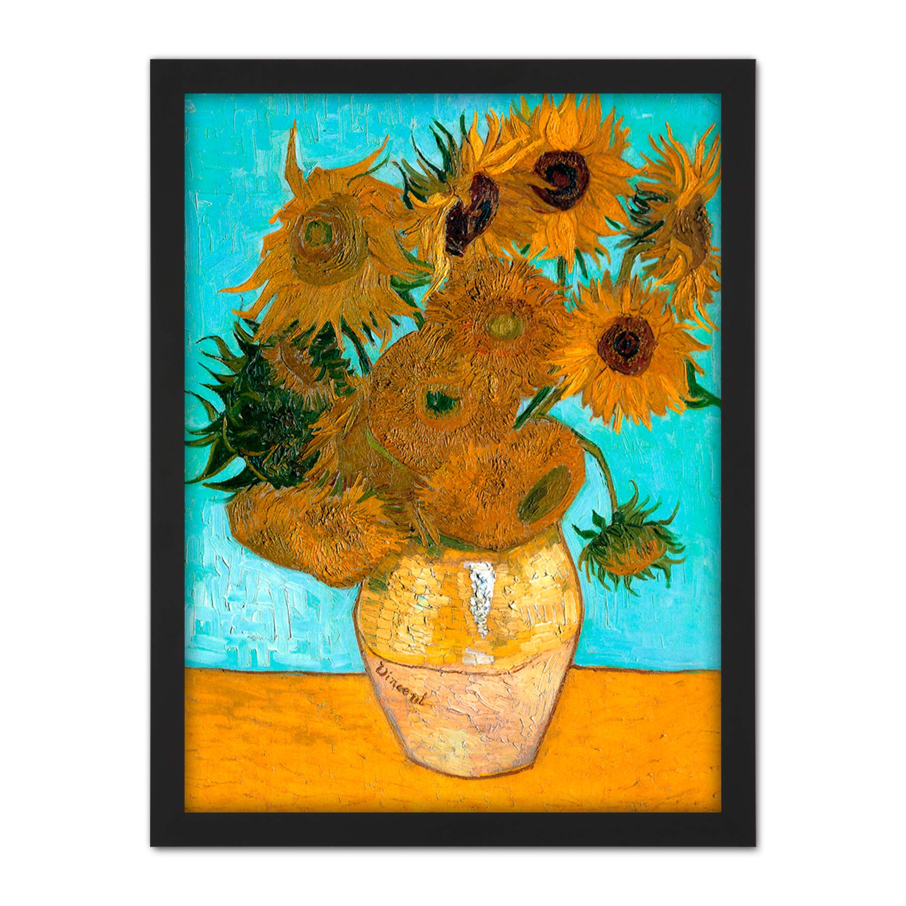 Wee Blue Coo Van Gogh Vase With Twelve Sunflowers Artwork Framed Wall Art Print 18X24 Inch