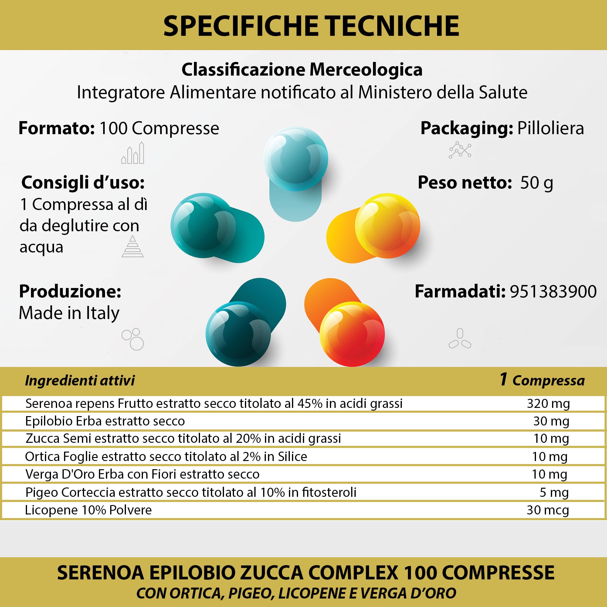 Serenoa Epilobio Zucca Complex con Ortica Pygeum Africanum Licopene e Verga D'Oro 100 Compresse, 1 al Giorno | Integratore per la Prostata e per le Vie Urinarie