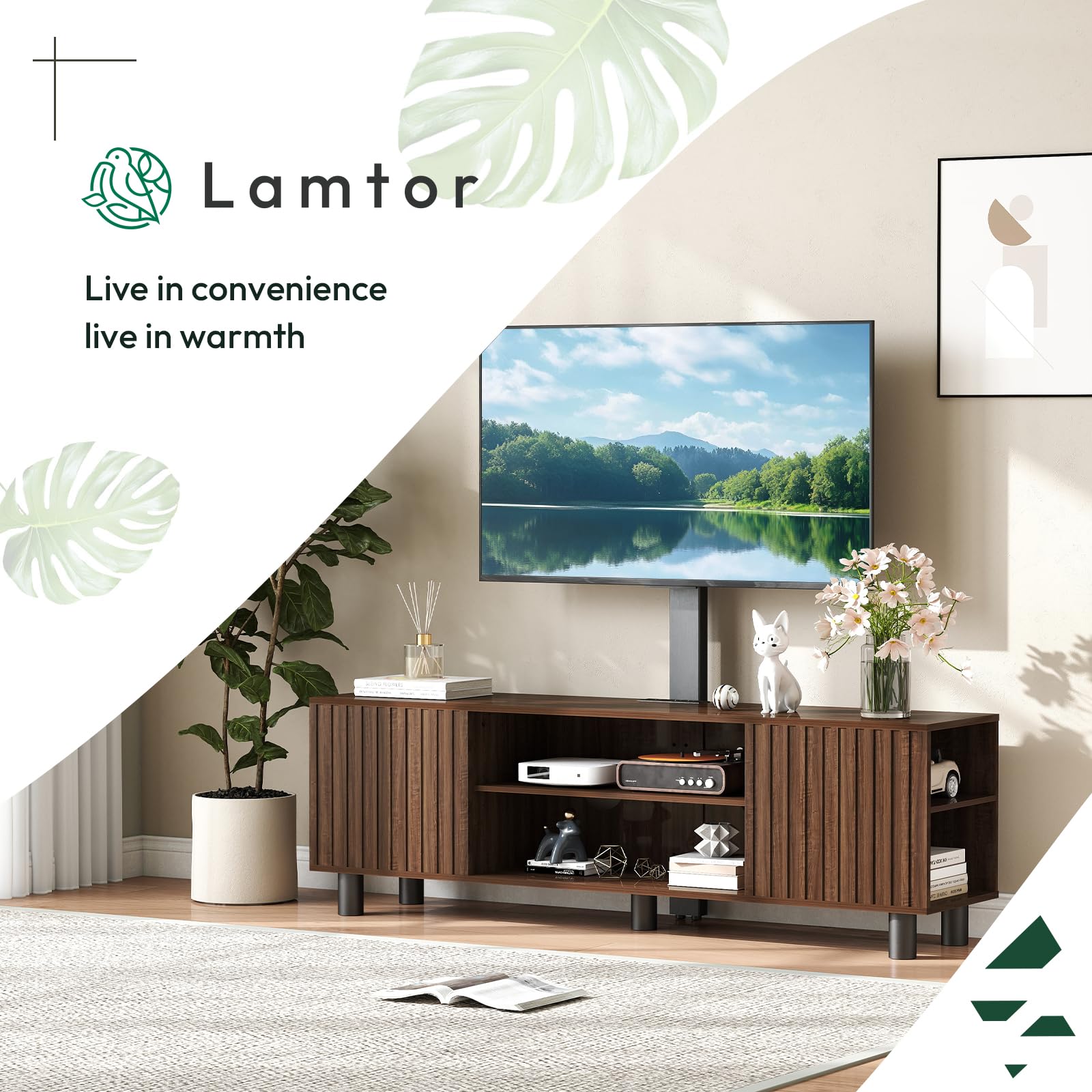 TV-Stand with Mount and Power Outlet, Fluted TV Stand for 65 70 75 Inch TV, Entertainment Center with Storage, Media Console Table for Living Room, Walnut