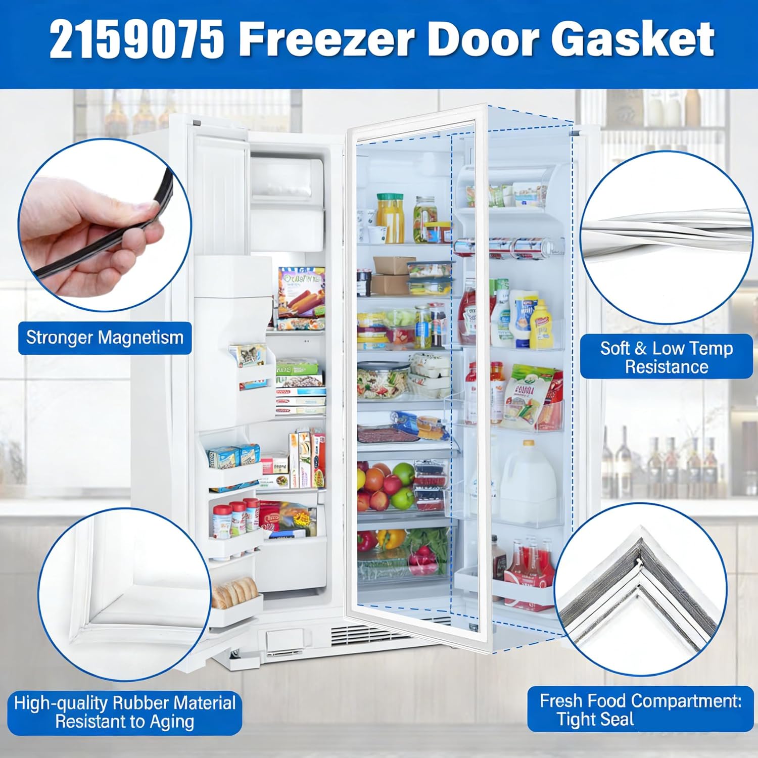 Upgraded 62″×19″ 2159075 2159083 Refrigerator Door Gasket Replacement Compatible with Whirlpool KitchenAid Kenmore, 2159083 Fridge Gasket Replace 2159071 2159079 2171177 W10911422 Freezer Seal