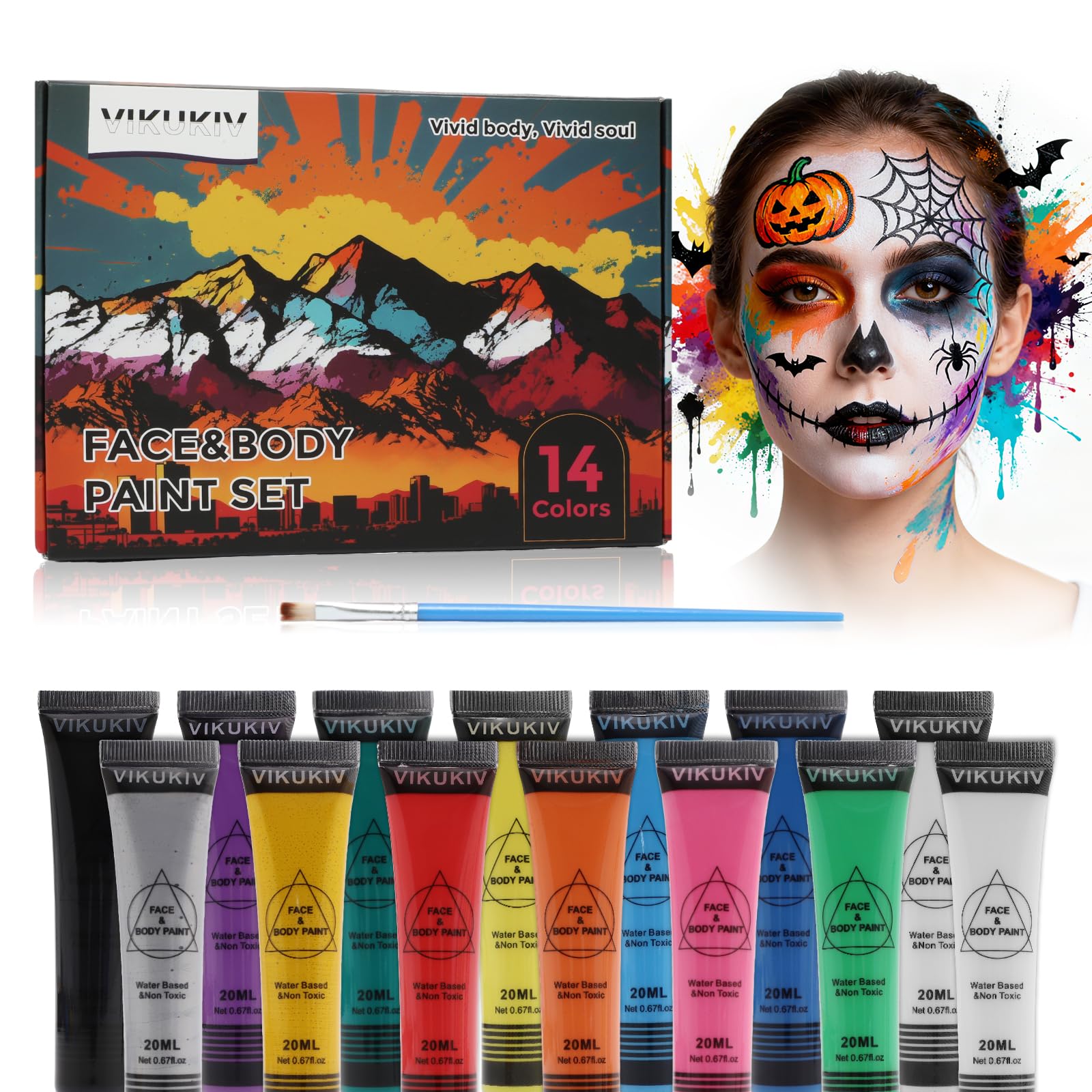 14 Colors Face Body Paint Kit Professional Water Based Face Painting for Adults and Kids Multi-Color Special Effects Makeup Set for Halloween Christmas Party Cosplay 0.7OZ Each