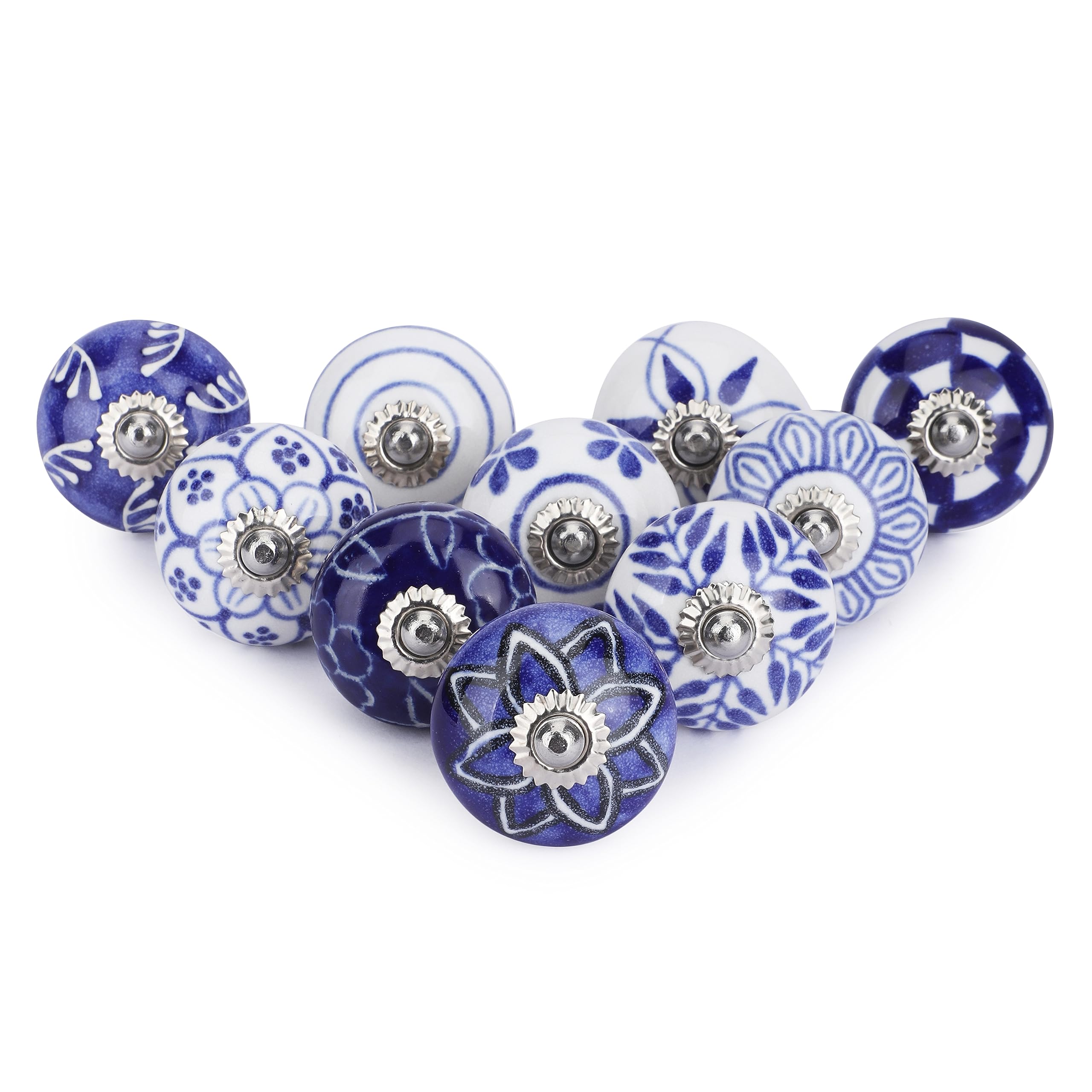 Ajuny Set da 10 Pomelli Cucina in Ceramica Blu e Bianco – Dipinti a Mano, Finitura Lucida – Maniglie Decorative per Mobili, Ante di Armadi Cassetti di Cucina e Bagno – Viti Incluse