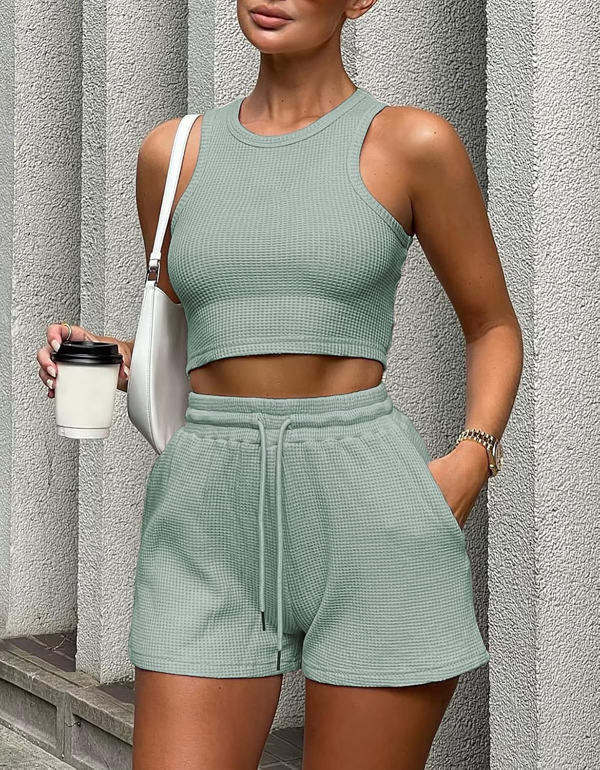 Lingswallow 2 Piece Women Lounge Sets - Sleeveless Crop Top and Shorts Waffle Lounge Set Tracksuits Sweatsuits for Women - Image 2