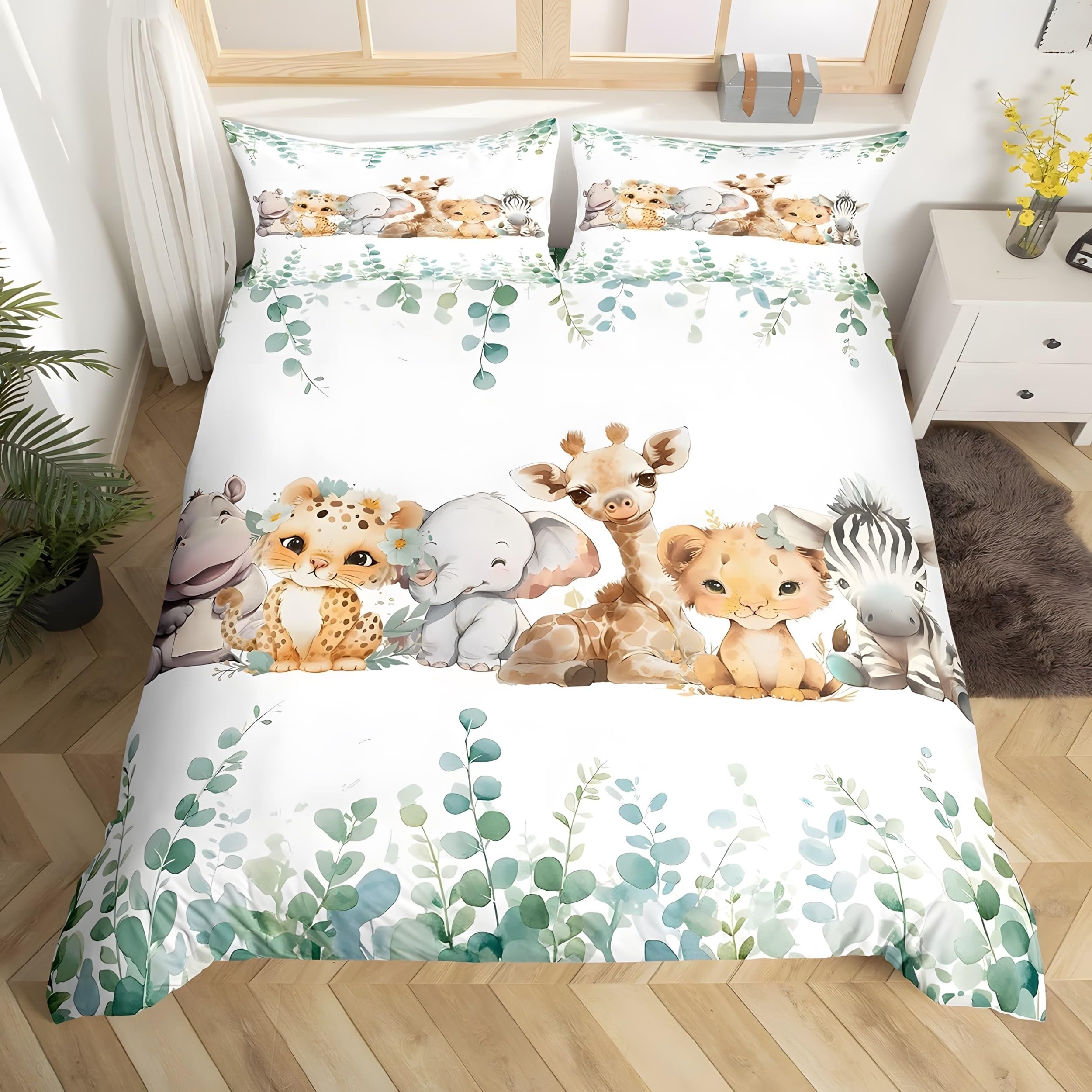 YZQGLHP Cartoon Animals Small Double Duvet Cover Set 135x220cm – 3D Print Lions & Elephants Lightweight Microfiber Bedding, Soft Quilt Cover with Zipper & 2 Pillowcases 50x75cm