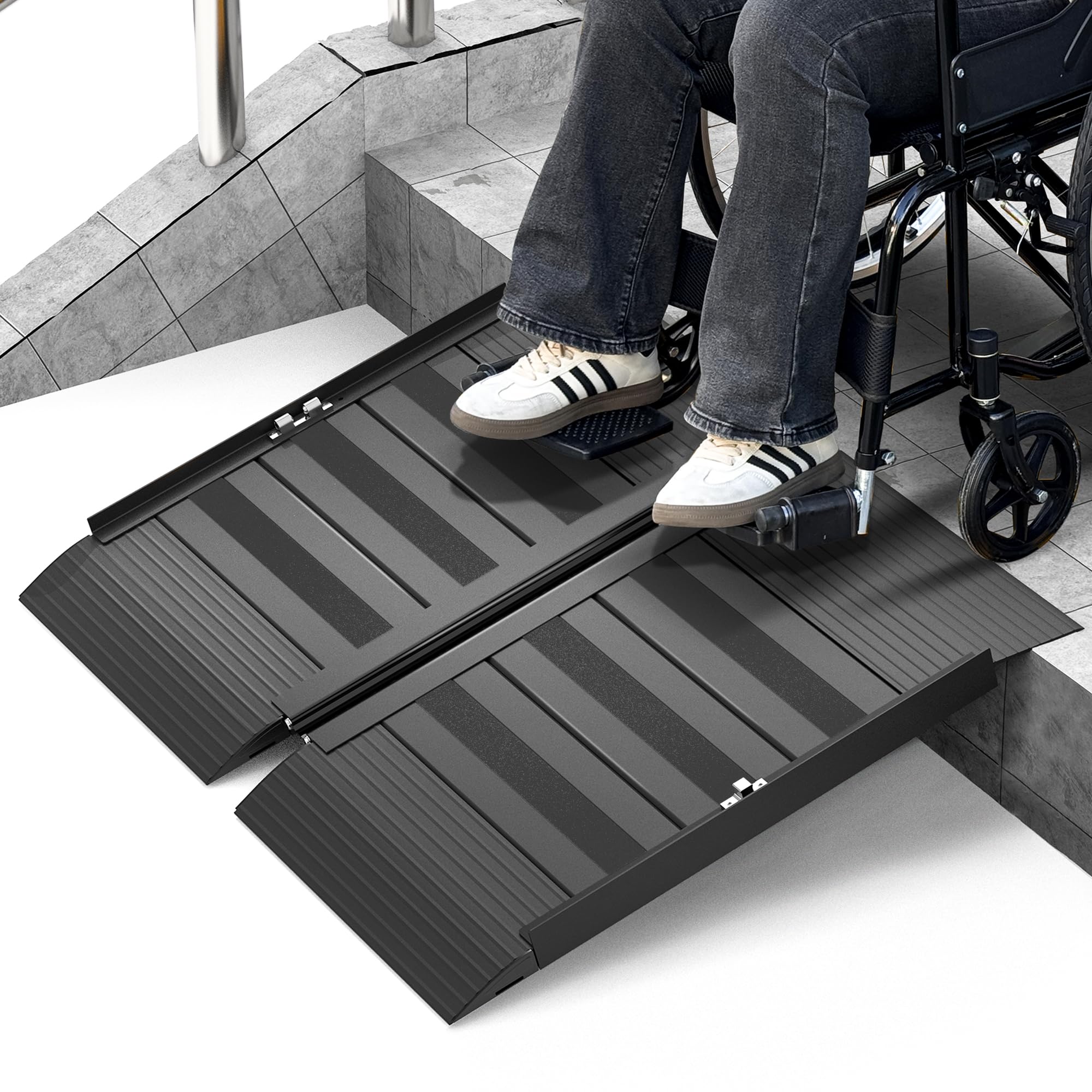 2FT Portable Wheelchair Ramp with Handle, Non-Slip Aluminum Folding Handicap Wheelchair Ramp for Home, Doorways, Thresholds, Steps, Curbs, Stairs, 800 LBS Capacity