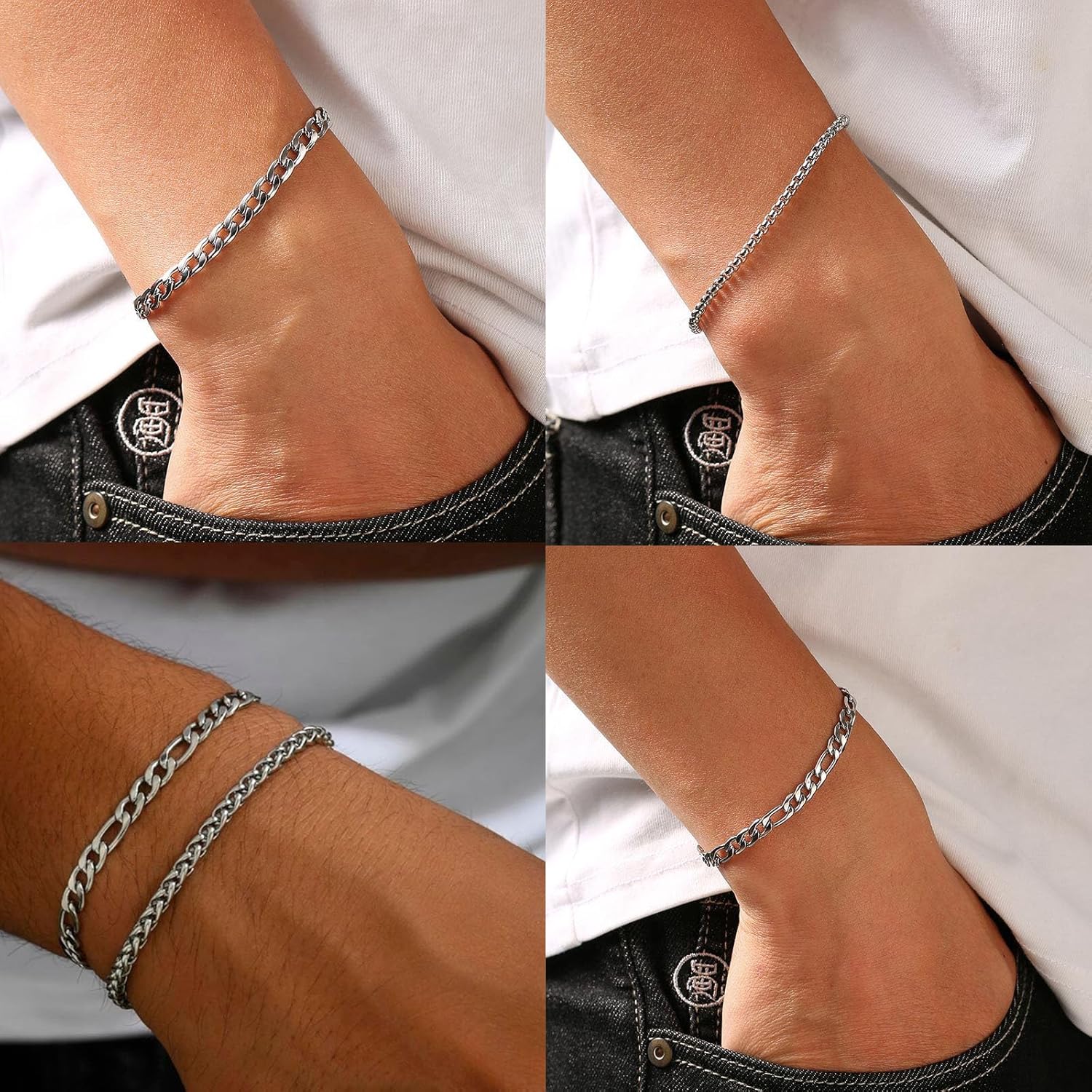 6PCS Silver Bracelets for Men Stainless Steel Cuban Chain Bracelet Silver Chain Bracelet Set 316L Stainless Steel Figaro Rope Cuban Link Bracelet Jewelry for Men/Women - Image 3