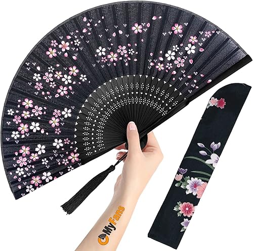 OMyFans Ventilador de mano para mujer, plegable, chino japonés, vintage, de seda, de bambú, ideal para sofocos, iglesia, EDM, festivales, baile y OMyFans Ventilador de mano para mujer, plegable, chino japonés, vintage, de seda, de bambú, ideal para sofocos, iglesia, EDM, festivales, baile y