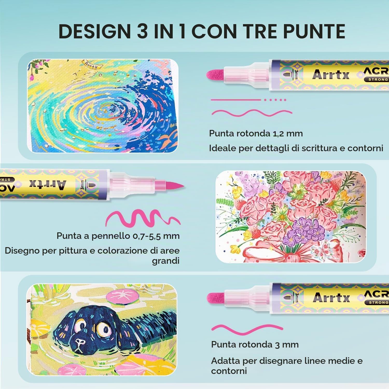 Arrtx Pennarelli acrilici a 72 colori, con punta media da 3 mm, atossici, a base d'acqua, ad asciugatura rapida, per artisti, pittura su roccia, legno, tela, artigianato fai da te