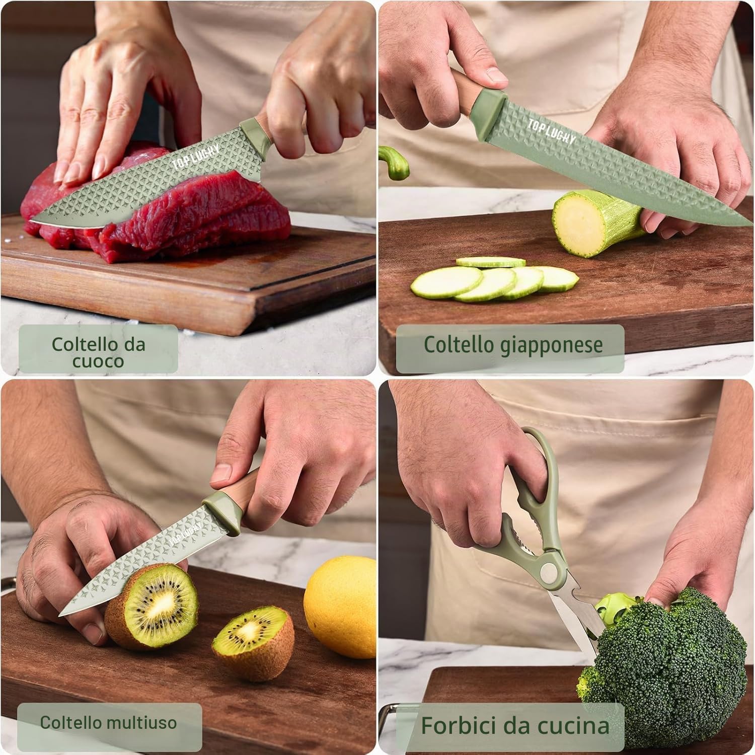 Set di 10 utensili da cucina, 10 coltelli antiaderenti in acciaio inox e spatole da cucina in silicone con supporto, manico ergonomico in legno (verde)