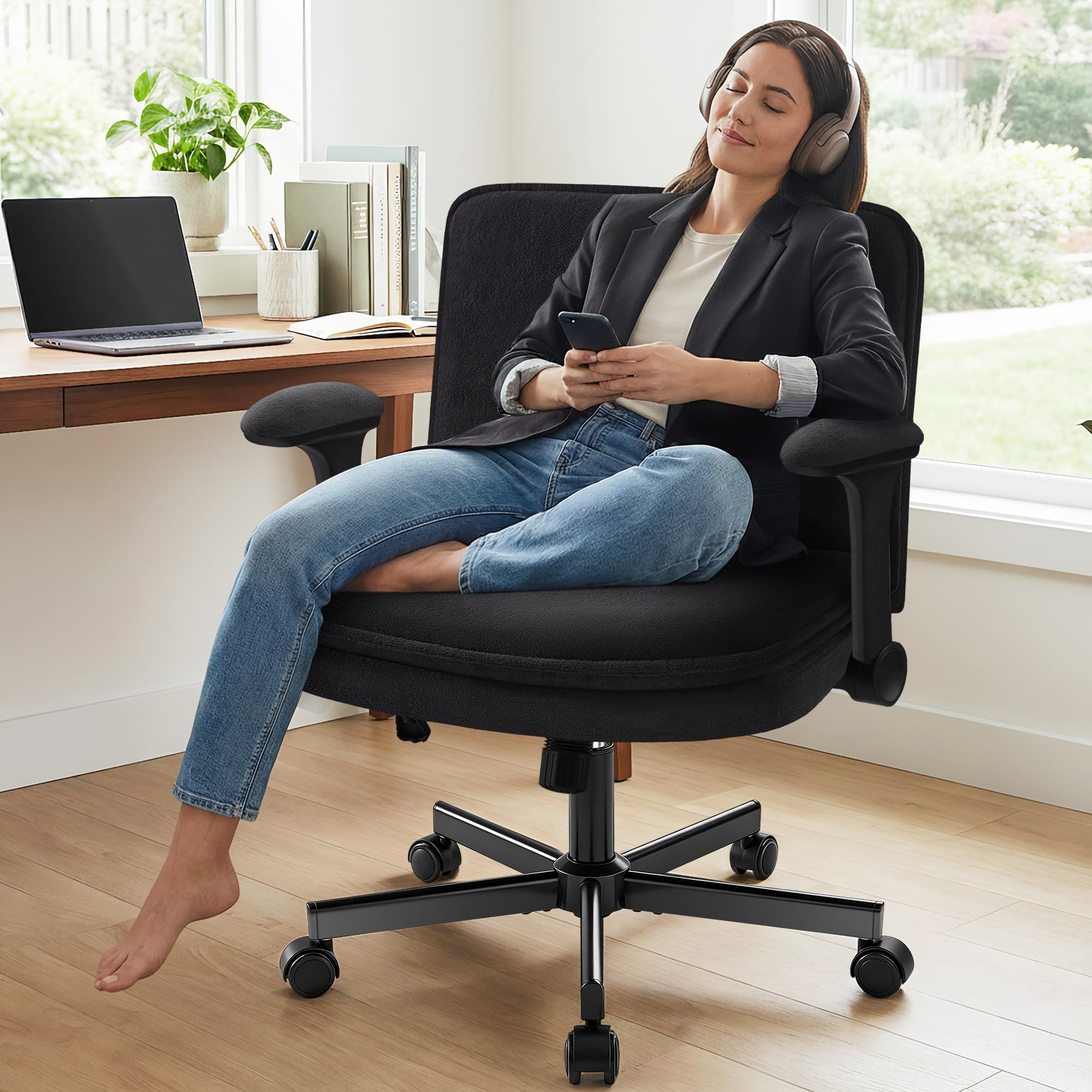 Criss Cross Office Chair with Wheels - Wide Seat Criss Cross Desk Chair with Flip-up Arms and Thick Cushion - Comfy Tilting Swivel Rolling Vanity Chair for Home Office Bedroom Apartment