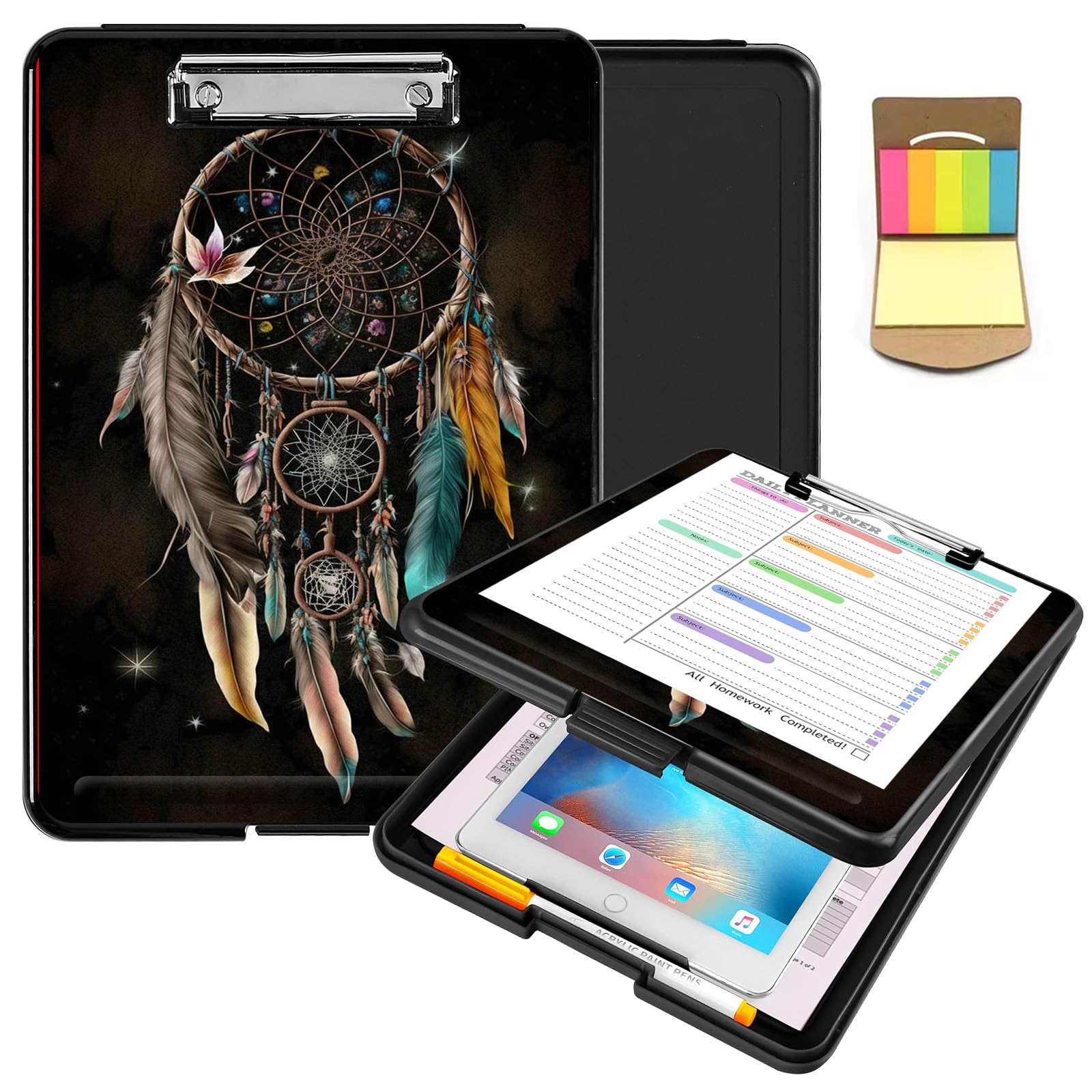 Clipboard with Storage,Heavy Duty Clip Boards 8.5X11 with Storage Pen Holder,Plastic Nursing Clipboards Foldable, A4 Legal Size Coaches Nurse Clipboard Folder Case-Boho Dream Catcher
